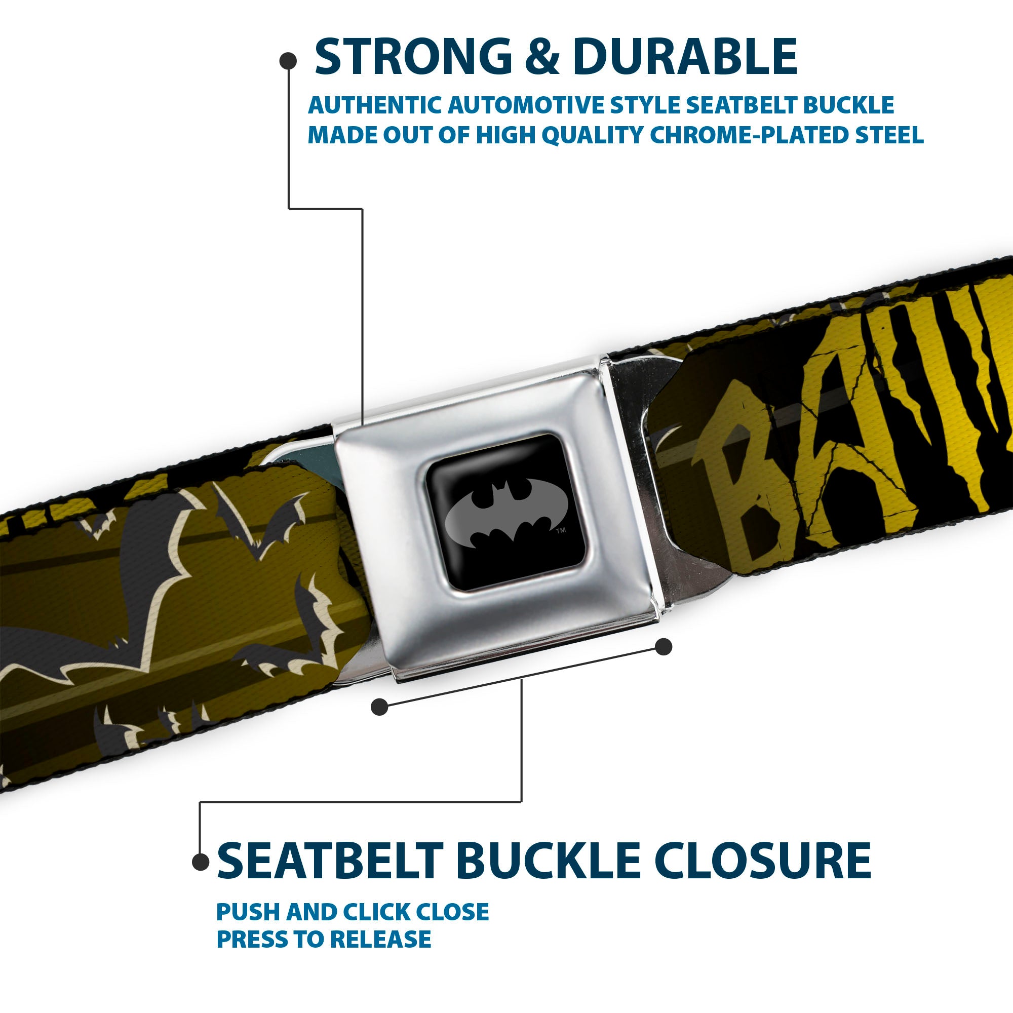 Batman Black Silver Seatbelt Belt - BATMAN w/Bat Signals & Flying Bats Yellow/Black/White Webbing Seatbelt Belts DC Comics