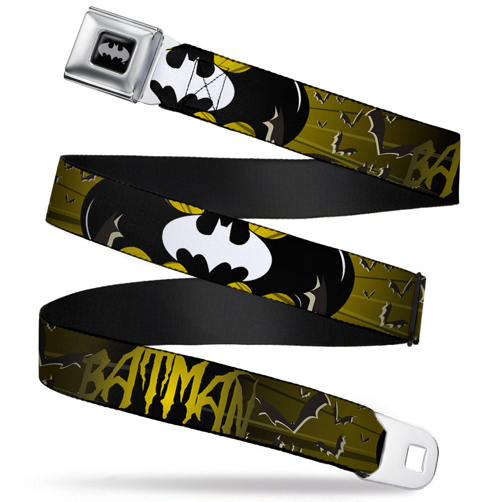 Batman Black Silver Seatbelt Belt - BATMAN w/Bat Signals & Flying Bats Yellow/Black/White Webbing Seatbelt Belts DC Comics