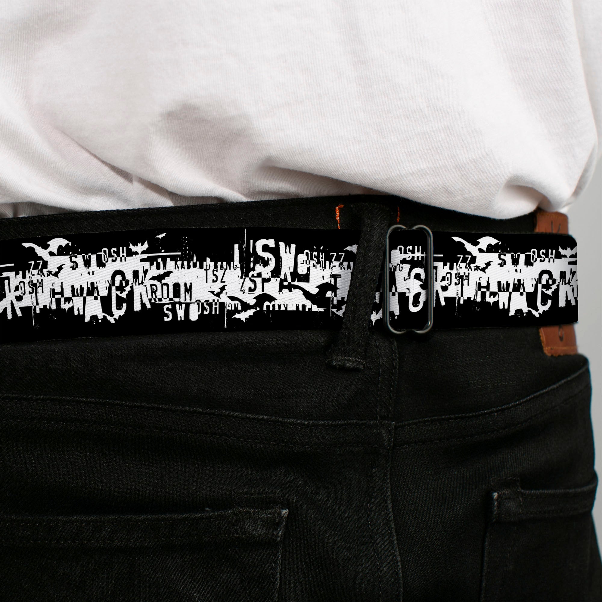 Batman Black Silver Seatbelt Belt - Batman Action Verbiage Black/White Webbing Seatbelt Belts DC Comics