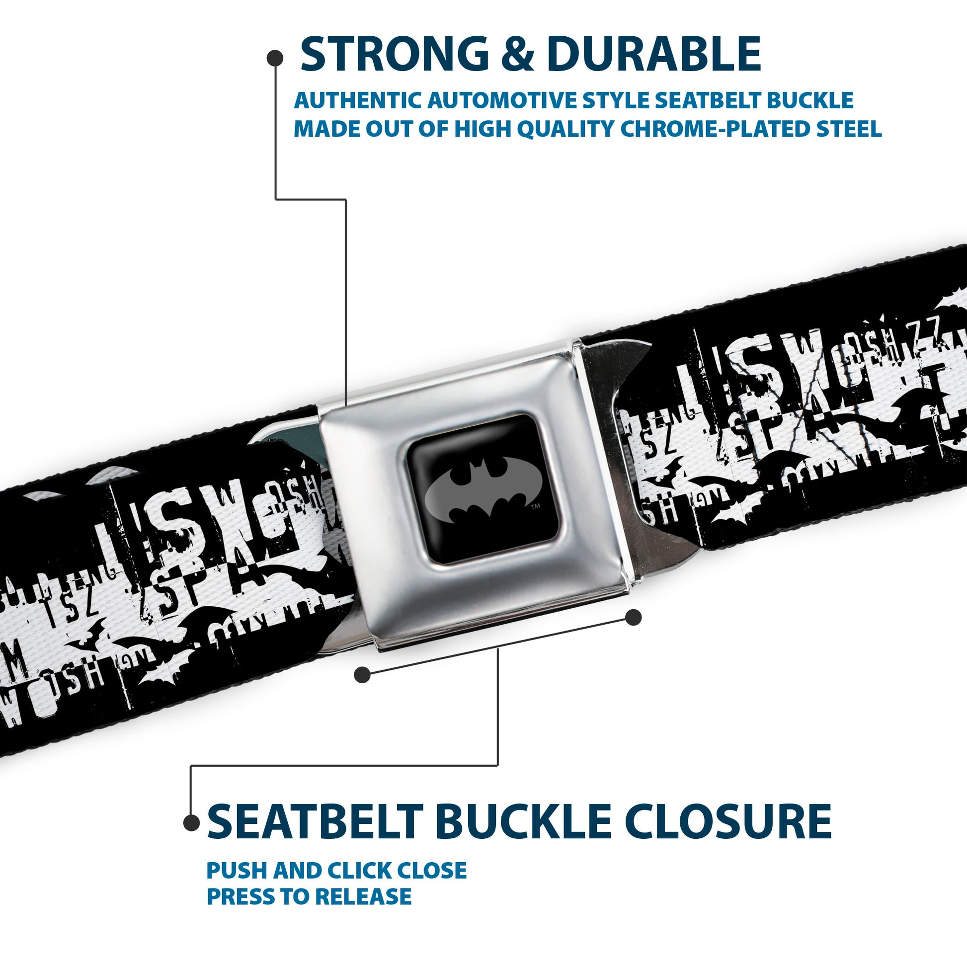 Batman Black Silver Seatbelt Belt - Batman Action Verbiage Black/White Webbing Seatbelt Belts DC Comics