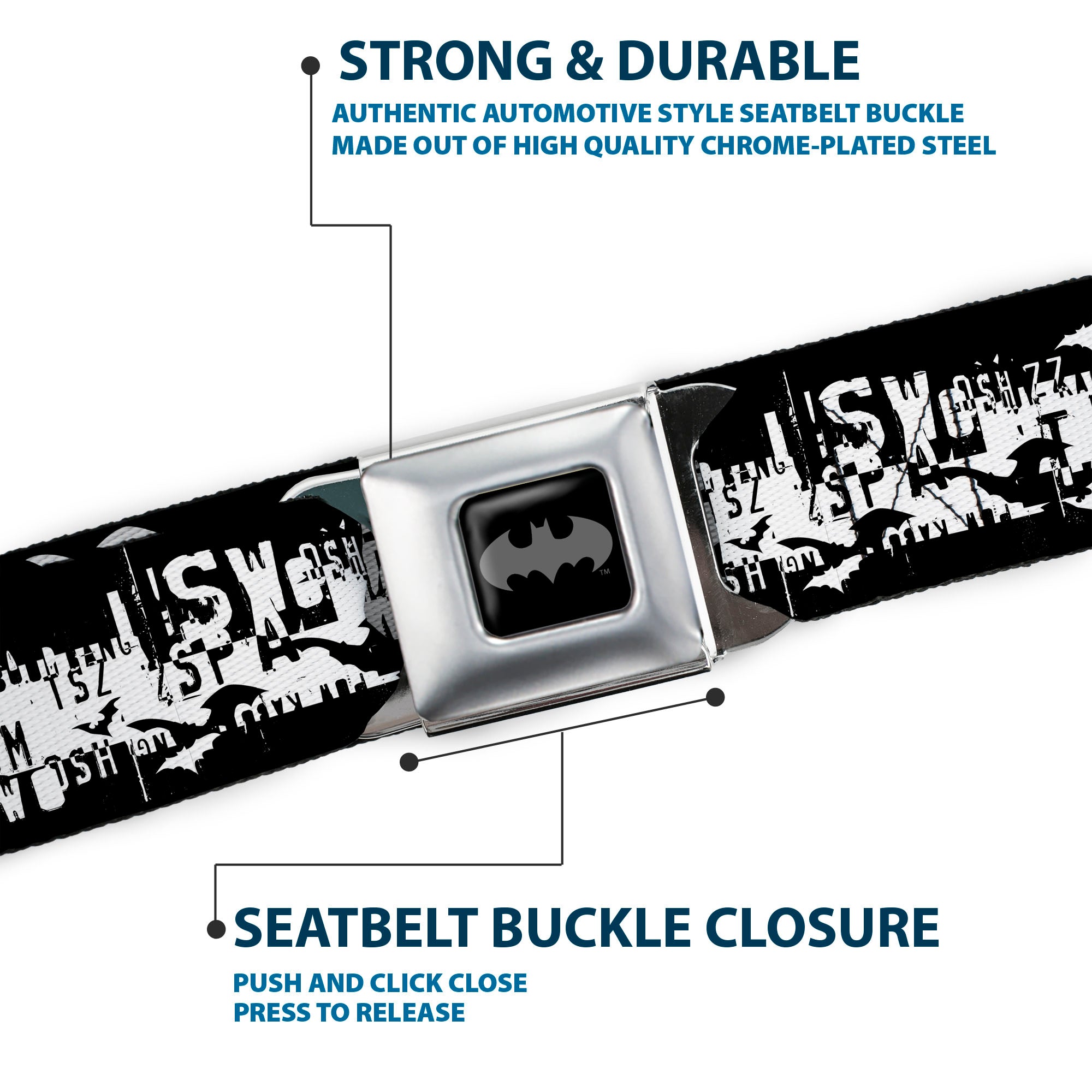 Batman Black Silver Seatbelt Belt - Batman Action Verbiage Black/White Webbing Seatbelt Belts DC Comics