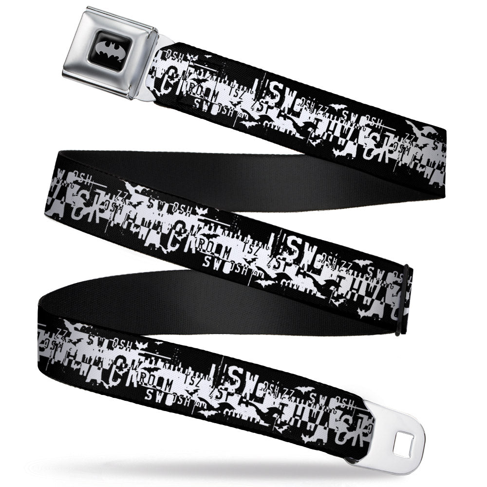 Batman Black Silver Seatbelt Belt - Batman Action Verbiage Black/White Webbing Seatbelt Belts DC Comics