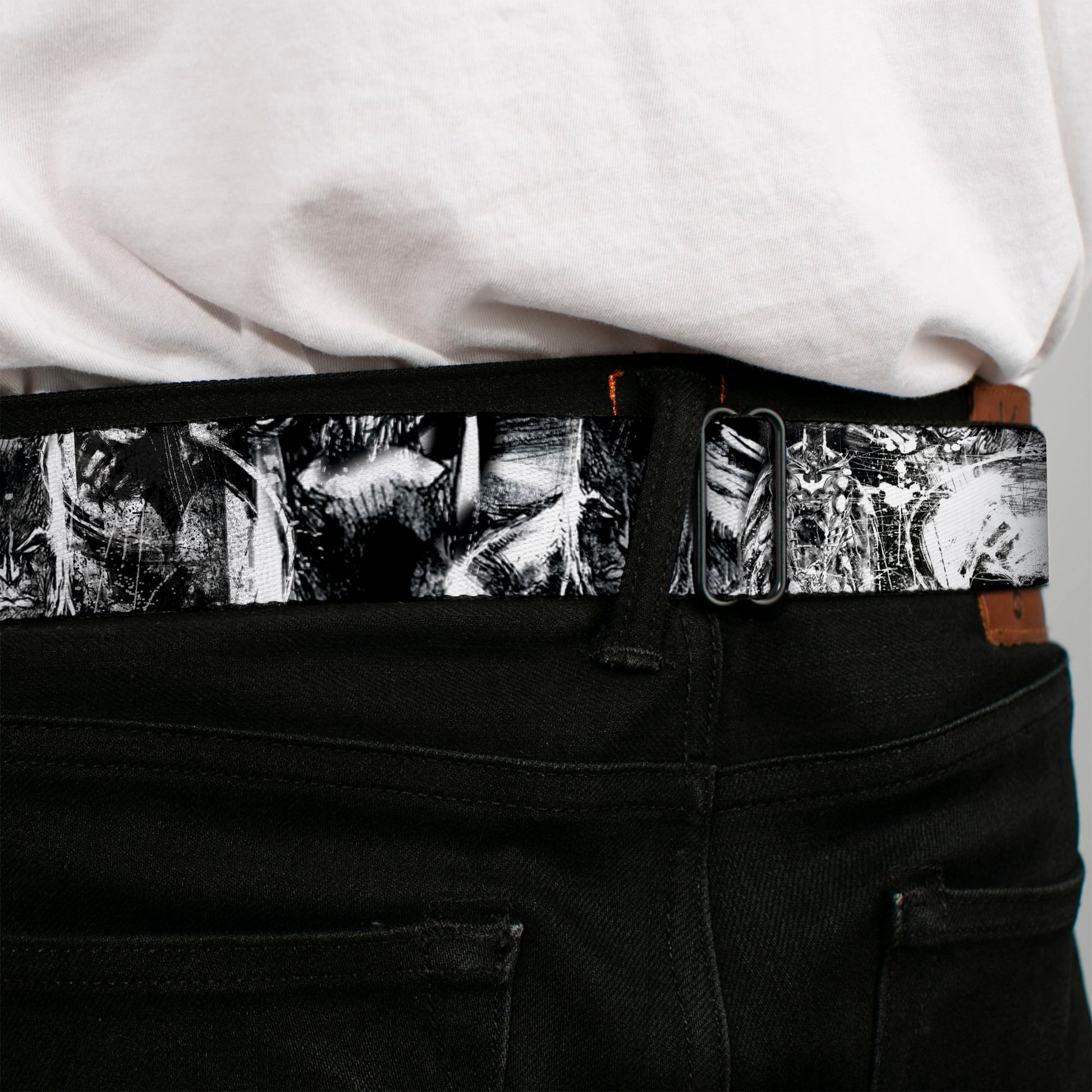 Batman Black Silver Seatbelt Belt - Batman Poses & Bat Shield Sketch White/Black Webbing Seatbelt Belts DC Comics