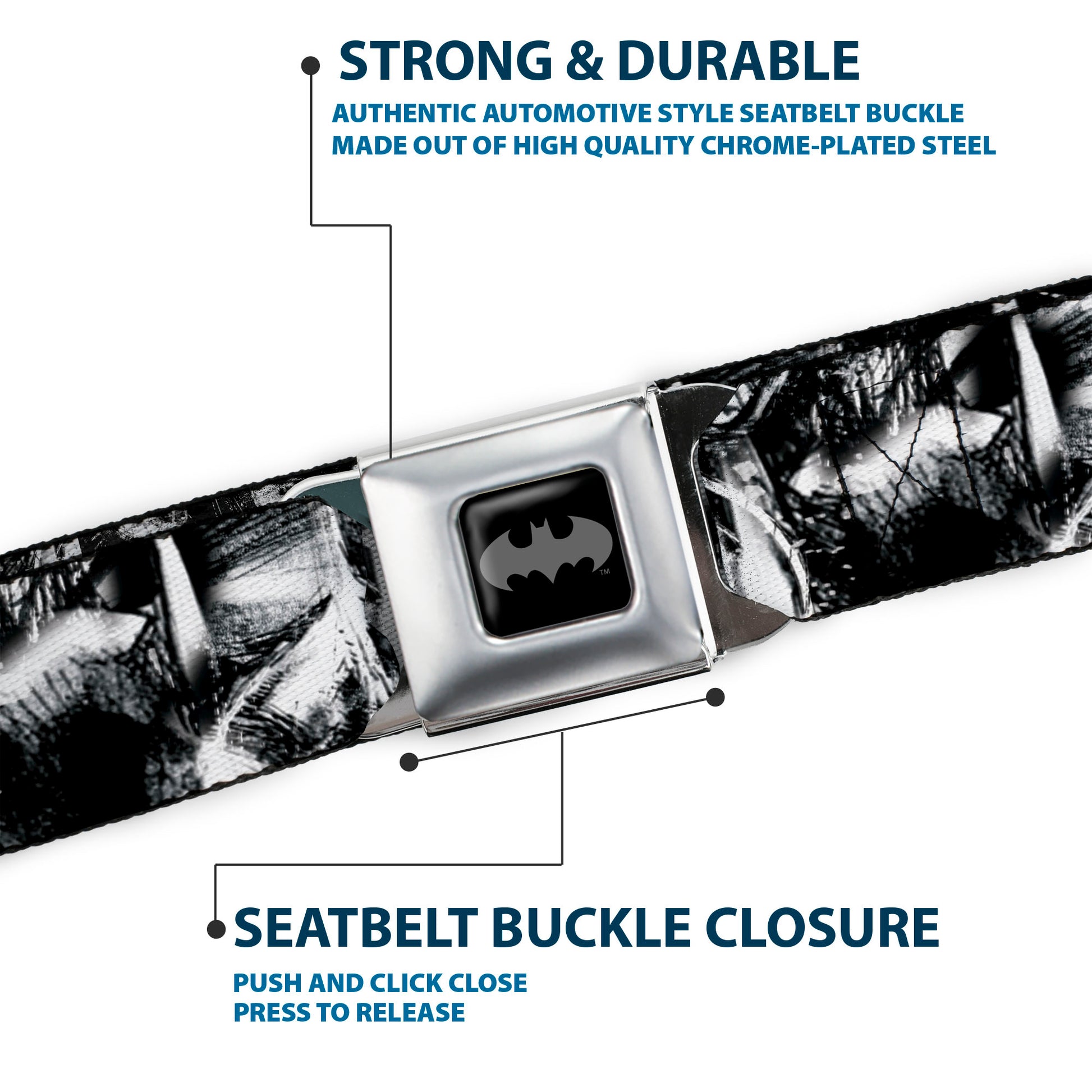 Batman Black Silver Seatbelt Belt - Batman Poses & Bat Shield Sketch White/Black Webbing Seatbelt Belts DC Comics