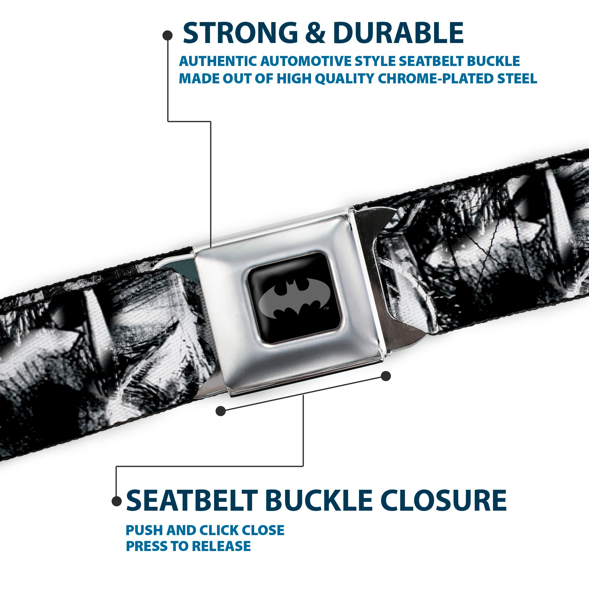 Batman Black Silver Seatbelt Belt - Batman Poses & Bat Shield Sketch White/Black Webbing Seatbelt Belts DC Comics