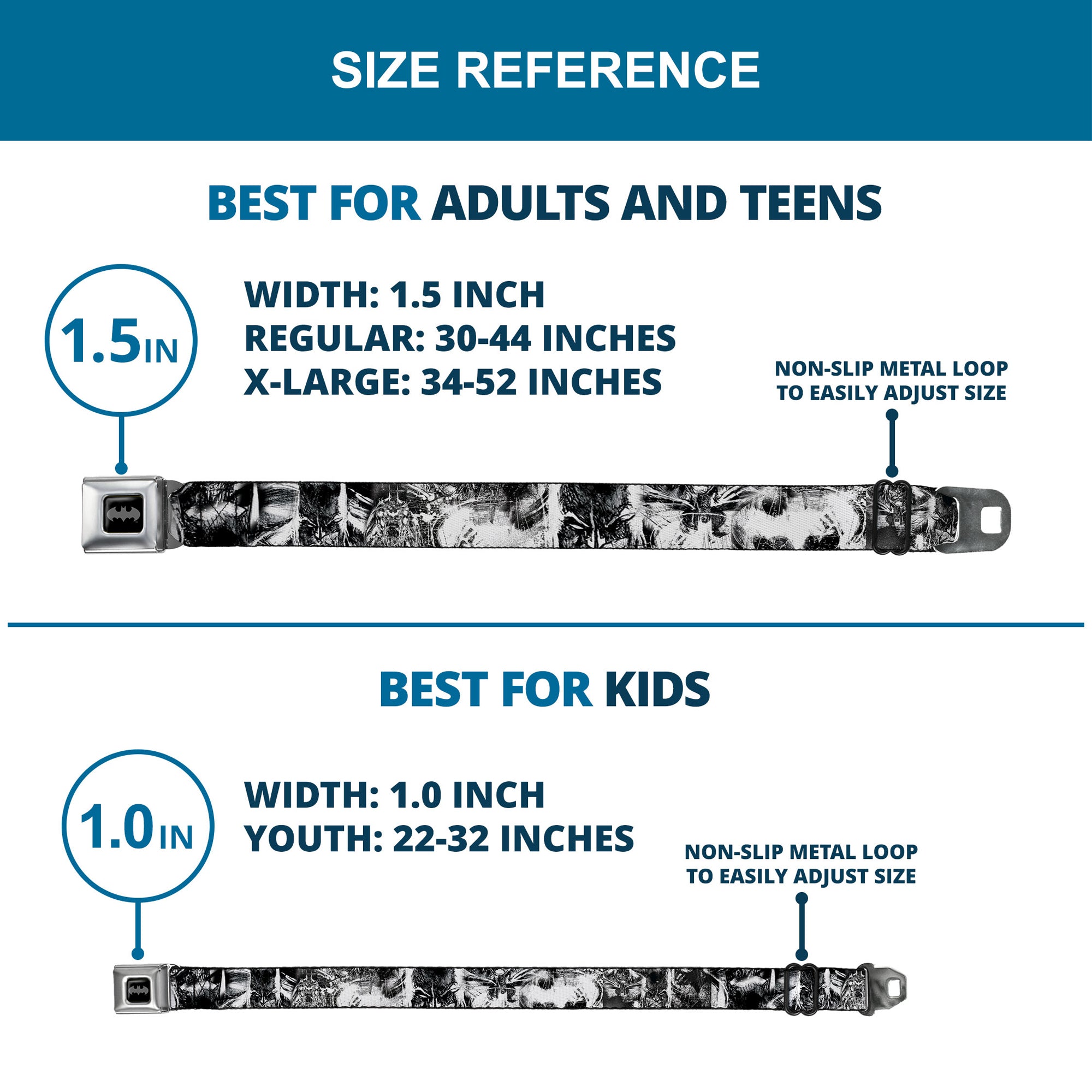 Batman Black Silver Seatbelt Belt - Batman Poses & Bat Shield Sketch White/Black Webbing Seatbelt Belts DC Comics