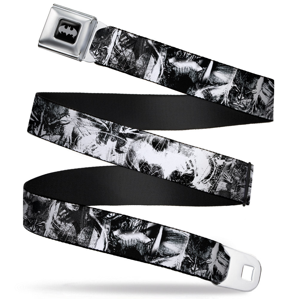 Batman Black Silver Seatbelt Belt - Batman Poses & Bat Shield Sketch White/Black Webbing Seatbelt Belts DC Comics