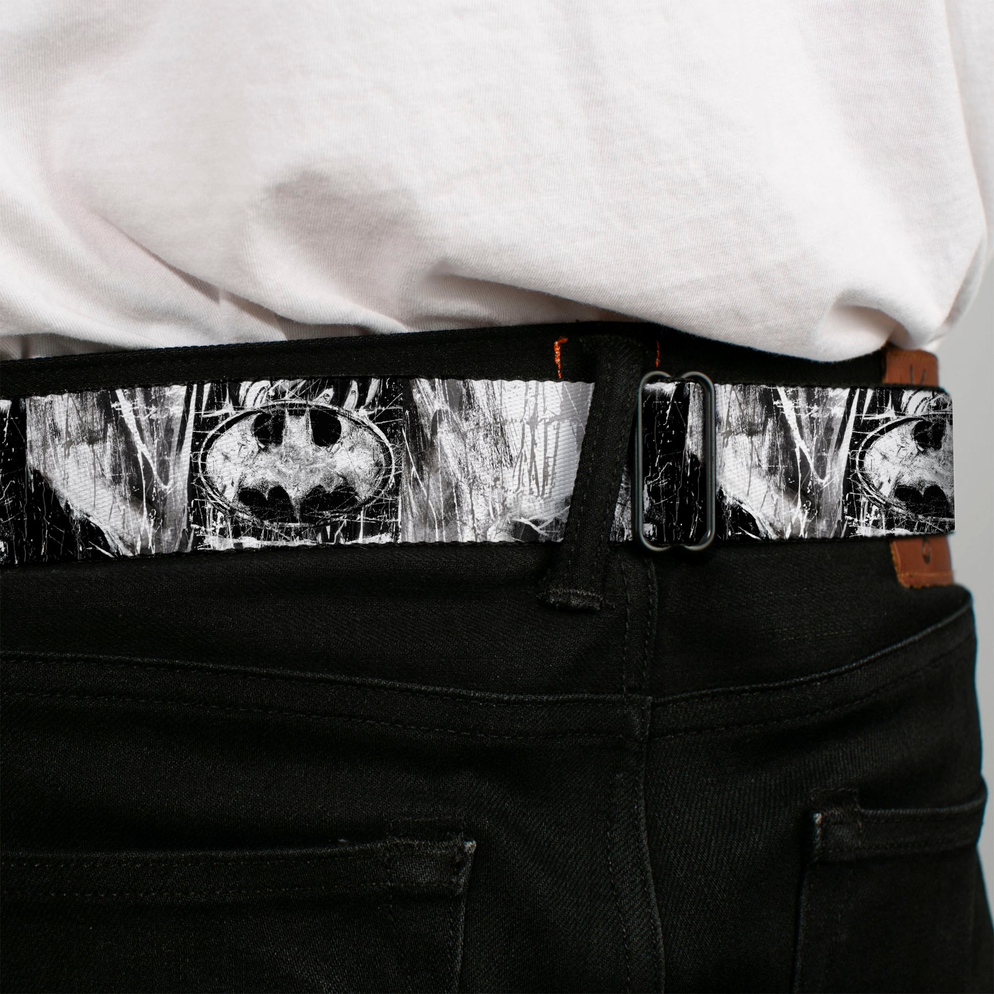 Batman Black Silver Seatbelt Belt - Batman Face/Bat Shield Sketch White/Black Webbing Seatbelt Belts DC Comics