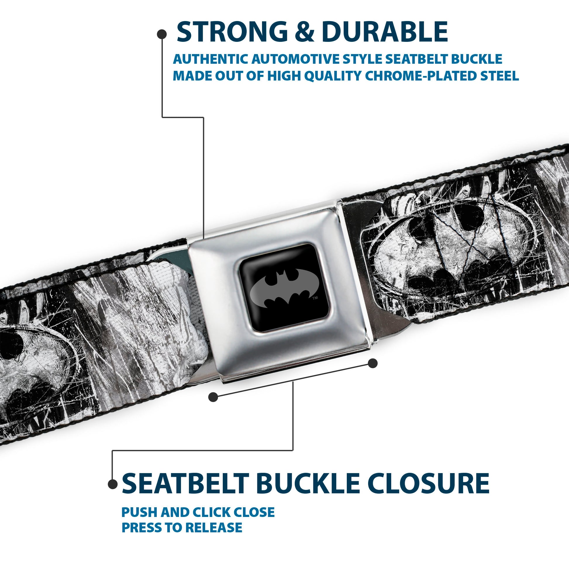 Batman Black Silver Seatbelt Belt - Batman Face/Bat Shield Sketch White/Black Webbing Seatbelt Belts DC Comics