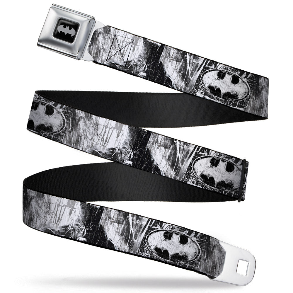 Batman Black Silver Seatbelt Belt - Batman Face/Bat Shield Sketch White/Black Webbing Seatbelt Belts DC Comics