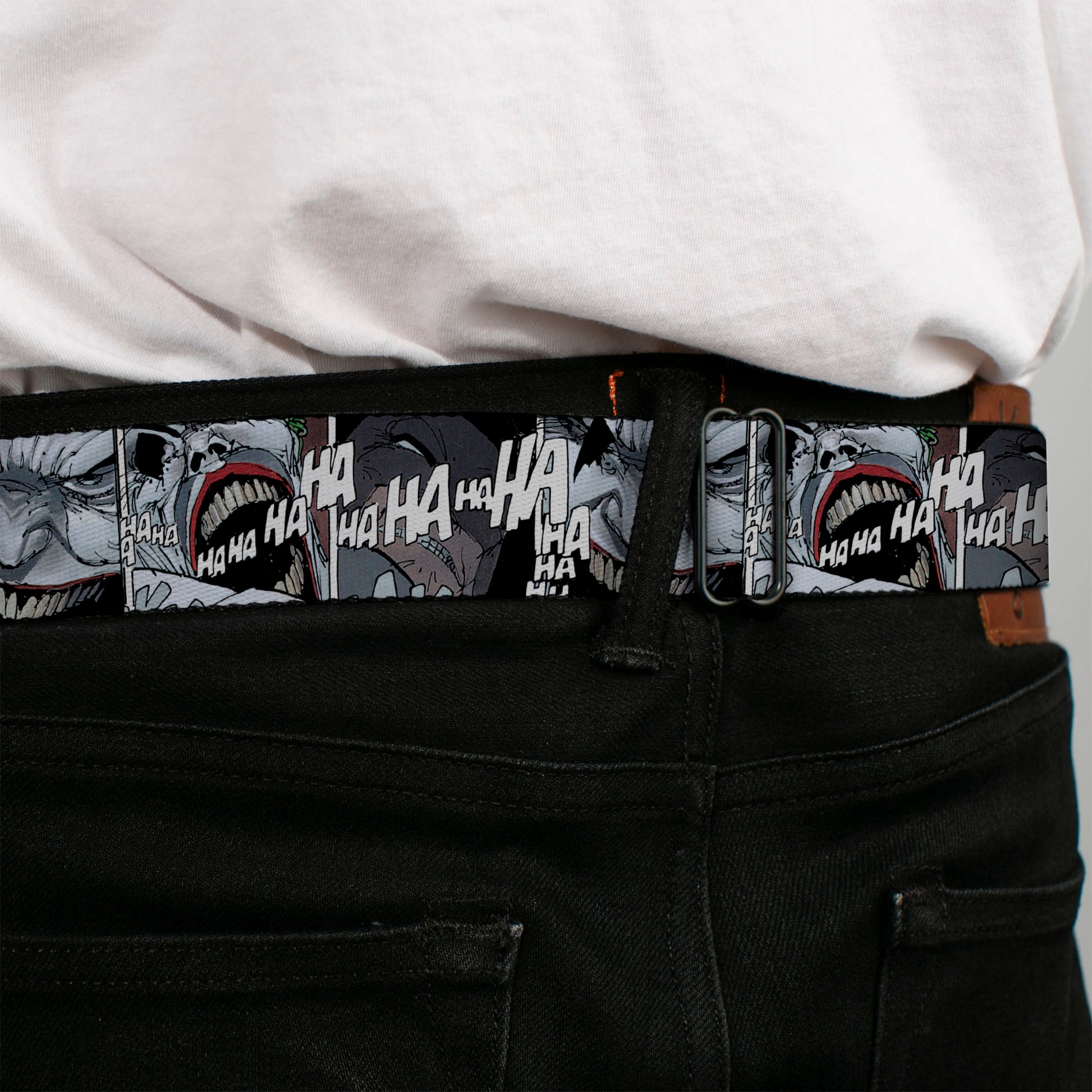 Batman Black Silver Seatbelt Belt - Joker Laughing CLOSE-UP Black/White Webbing Seatbelt Belts DC Comics