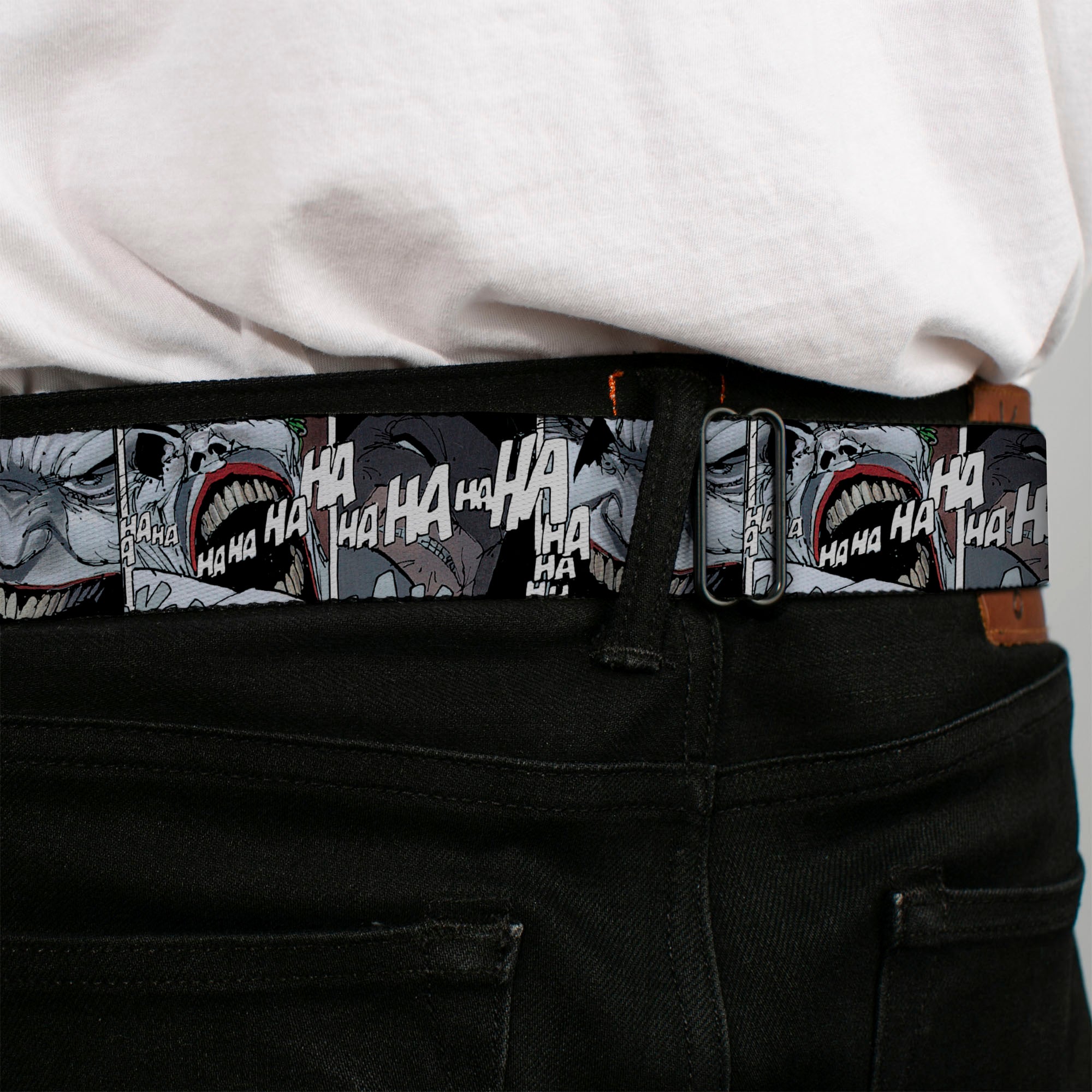 Batman Black Silver Seatbelt Belt - Joker Laughing CLOSE-UP Black/White Webbing Seatbelt Belts DC Comics