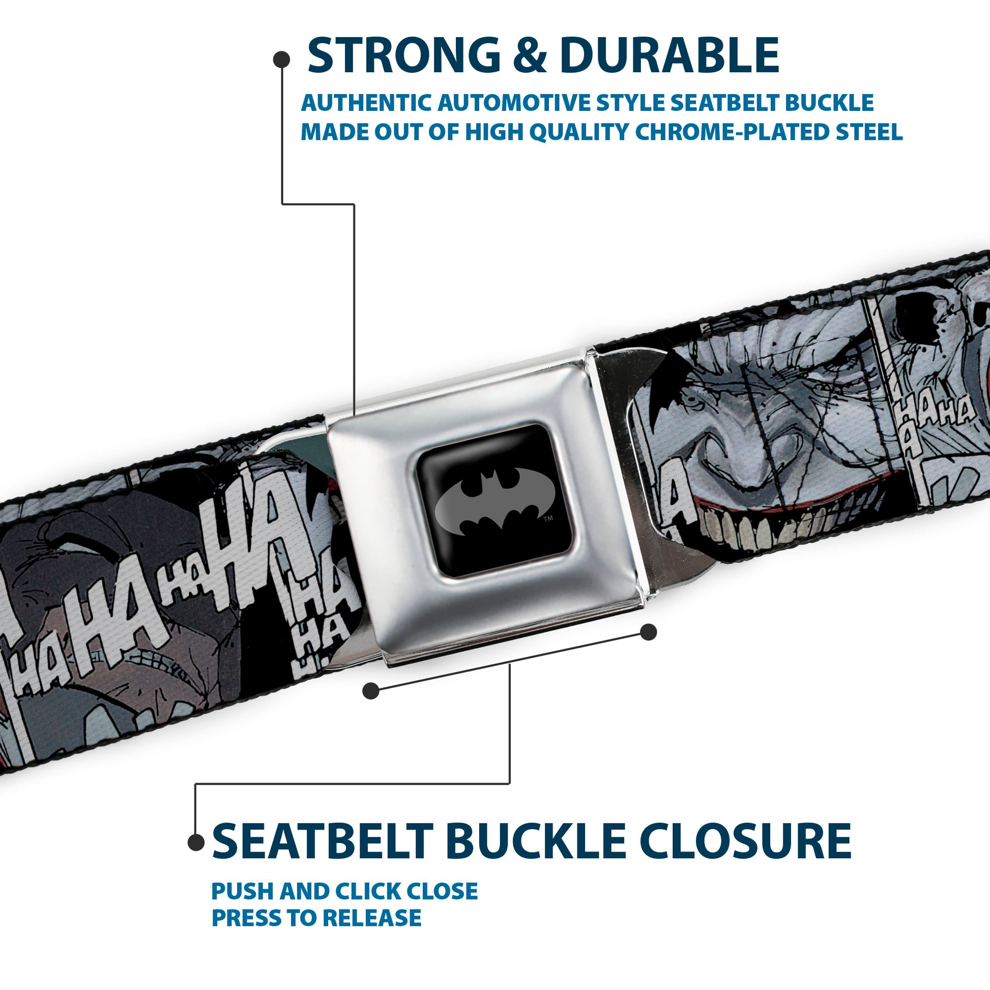 Batman Black Silver Seatbelt Belt - Joker Laughing CLOSE-UP Black/White Webbing Seatbelt Belts DC Comics