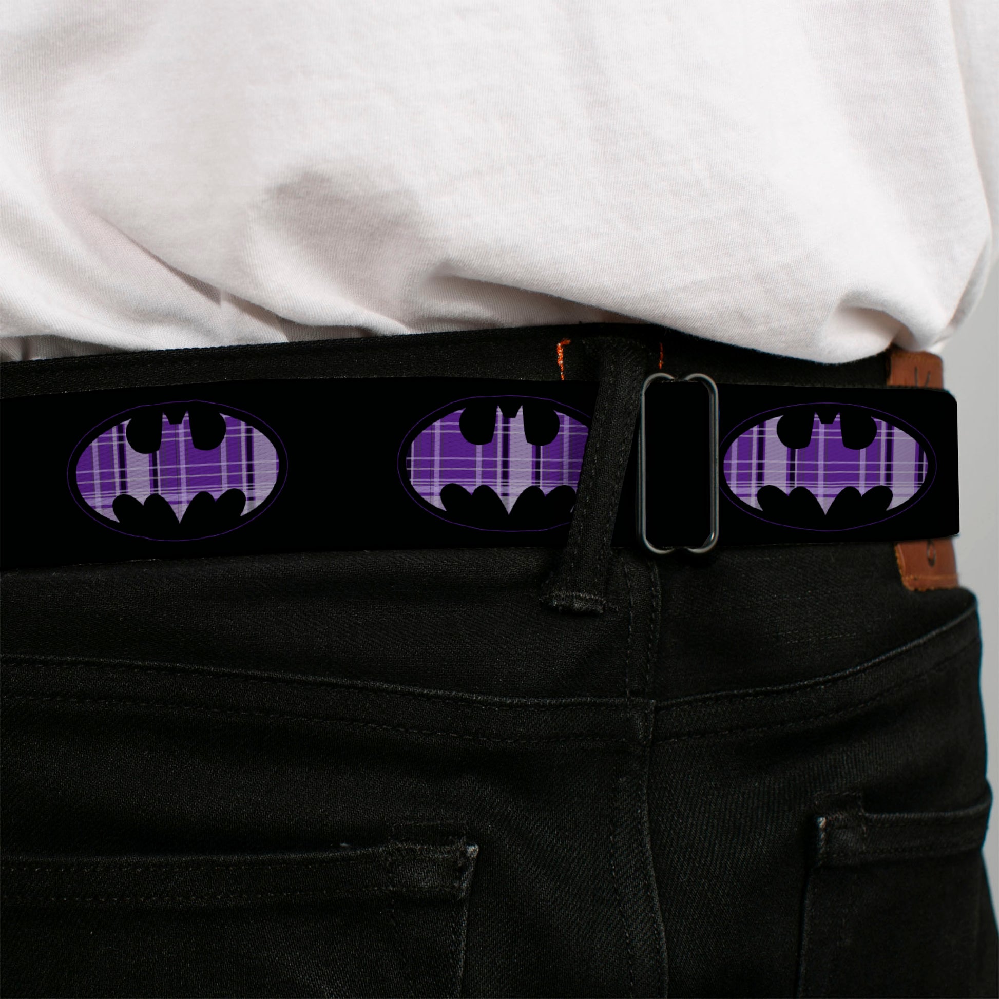 Batman Black Silver Seatbelt Belt - Batman Signal Black/Purple Plaid Webbing Seatbelt Belts DC Comics