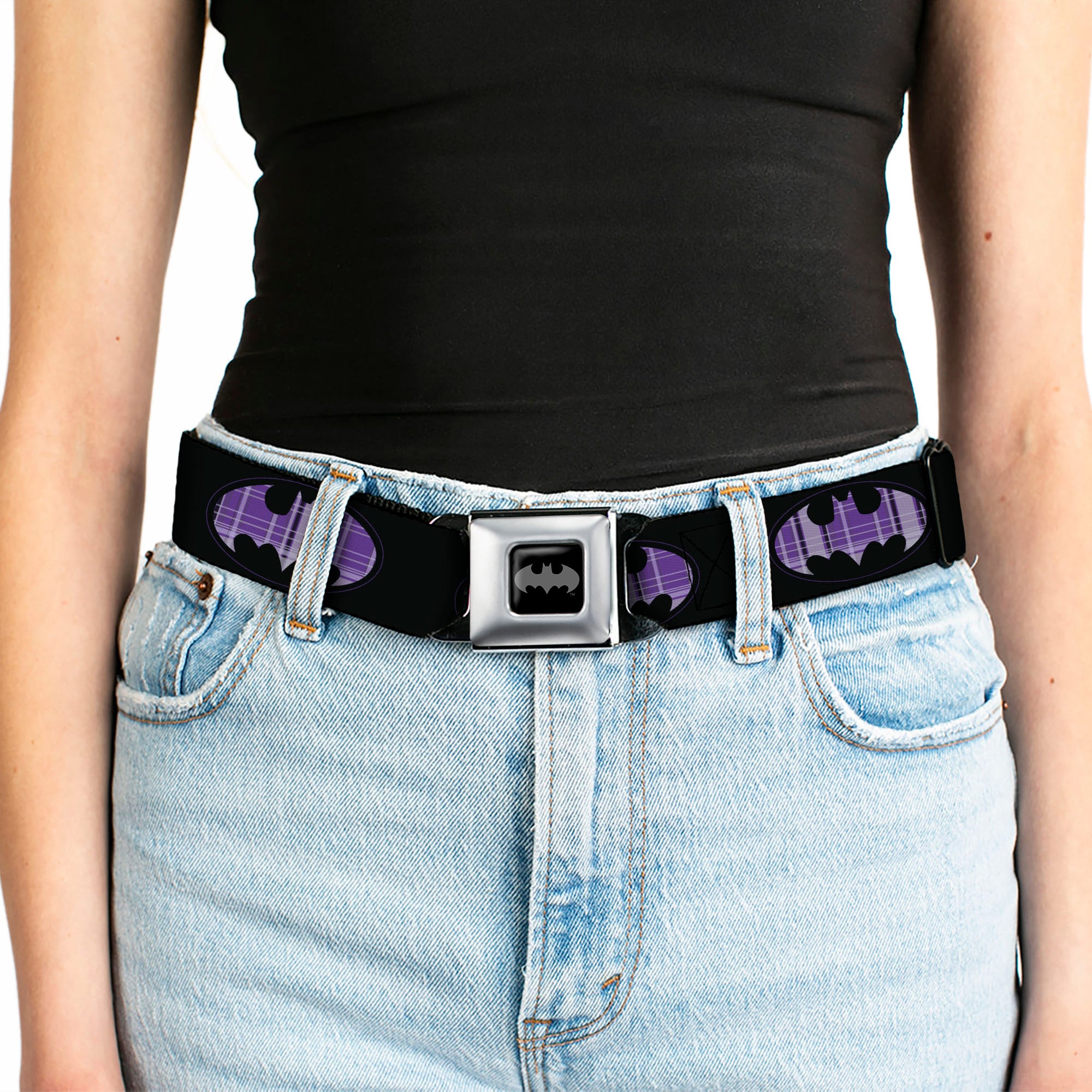 Batman Black Silver Seatbelt Belt - Batman Signal Black/Purple Plaid Webbing Seatbelt Belts DC Comics