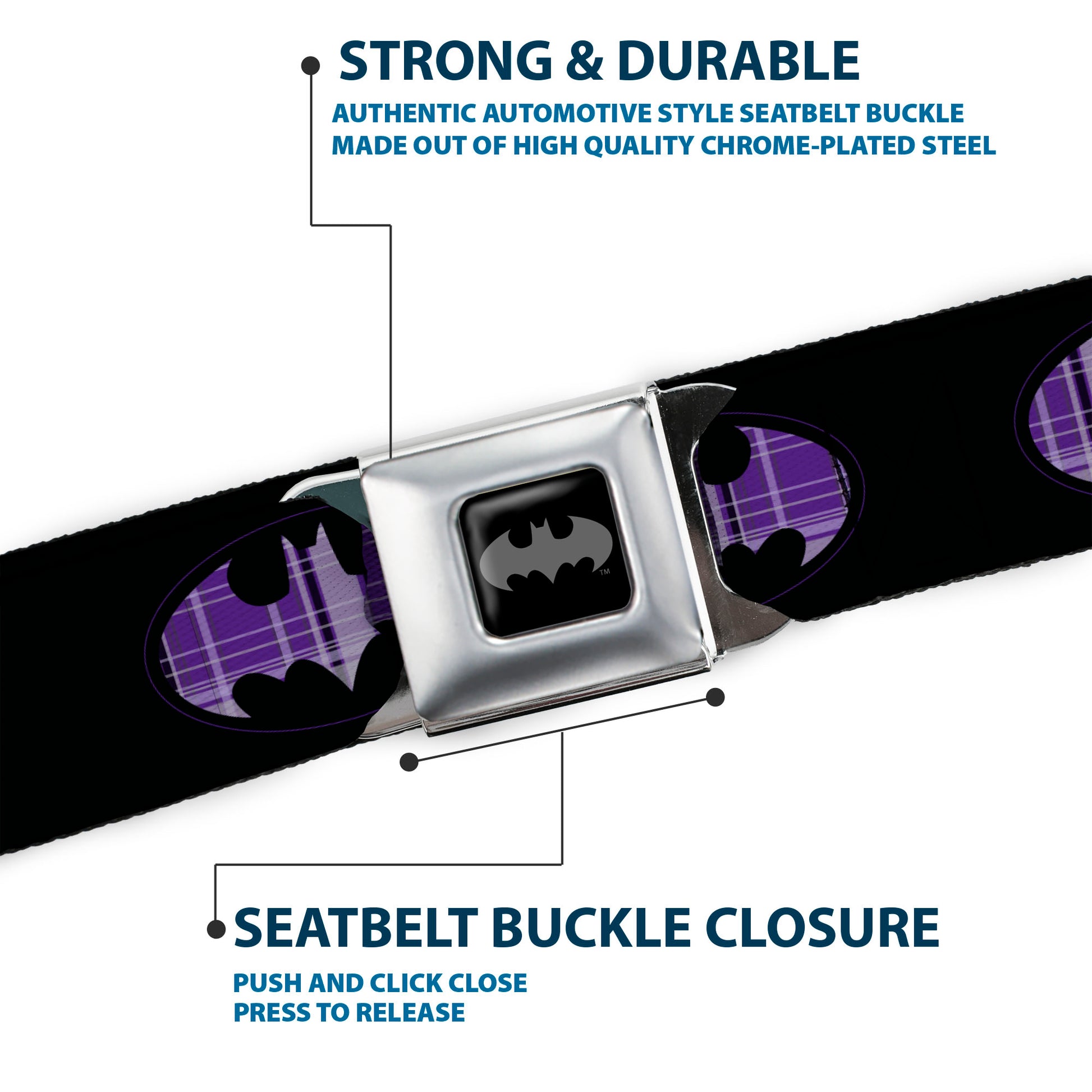 Batman Black Silver Seatbelt Belt - Batman Signal Black/Purple Plaid Webbing Seatbelt Belts DC Comics