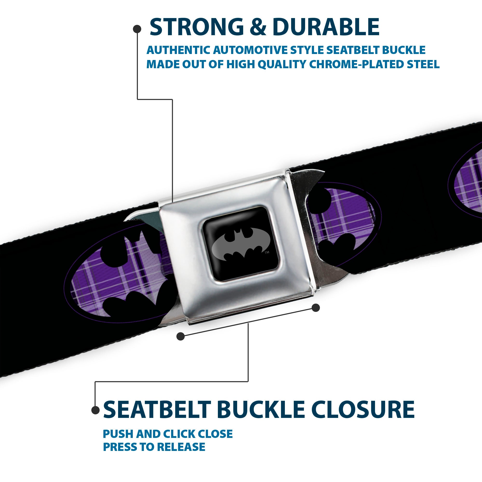 Batman Black Silver Seatbelt Belt - Batman Signal Black/Purple Plaid Webbing Seatbelt Belts DC Comics