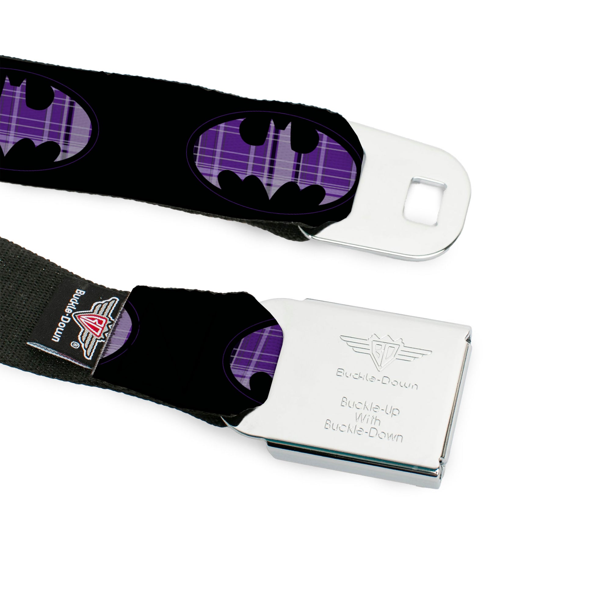Batman Black Silver Seatbelt Belt - Batman Signal Black/Purple Plaid Webbing Seatbelt Belts DC Comics