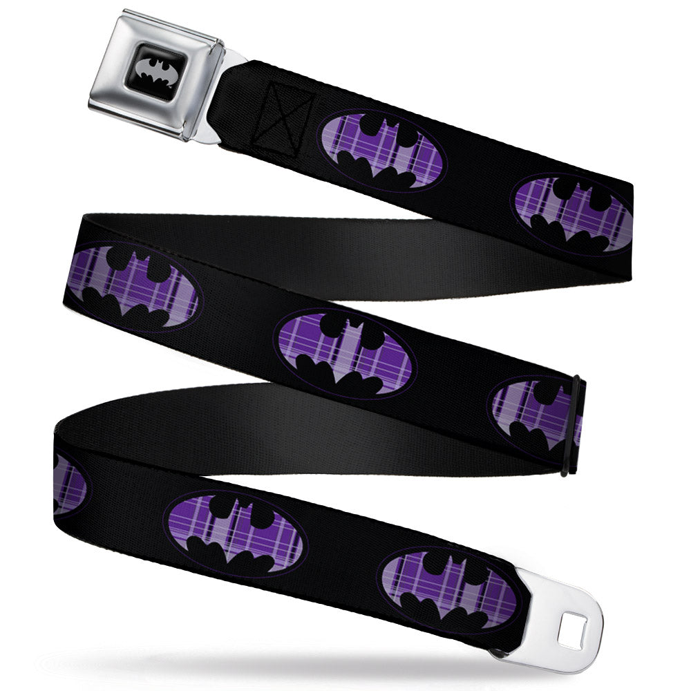 Batman Black Silver Seatbelt Belt - Batman Signal Black/Purple Plaid Webbing Seatbelt Belts DC Comics