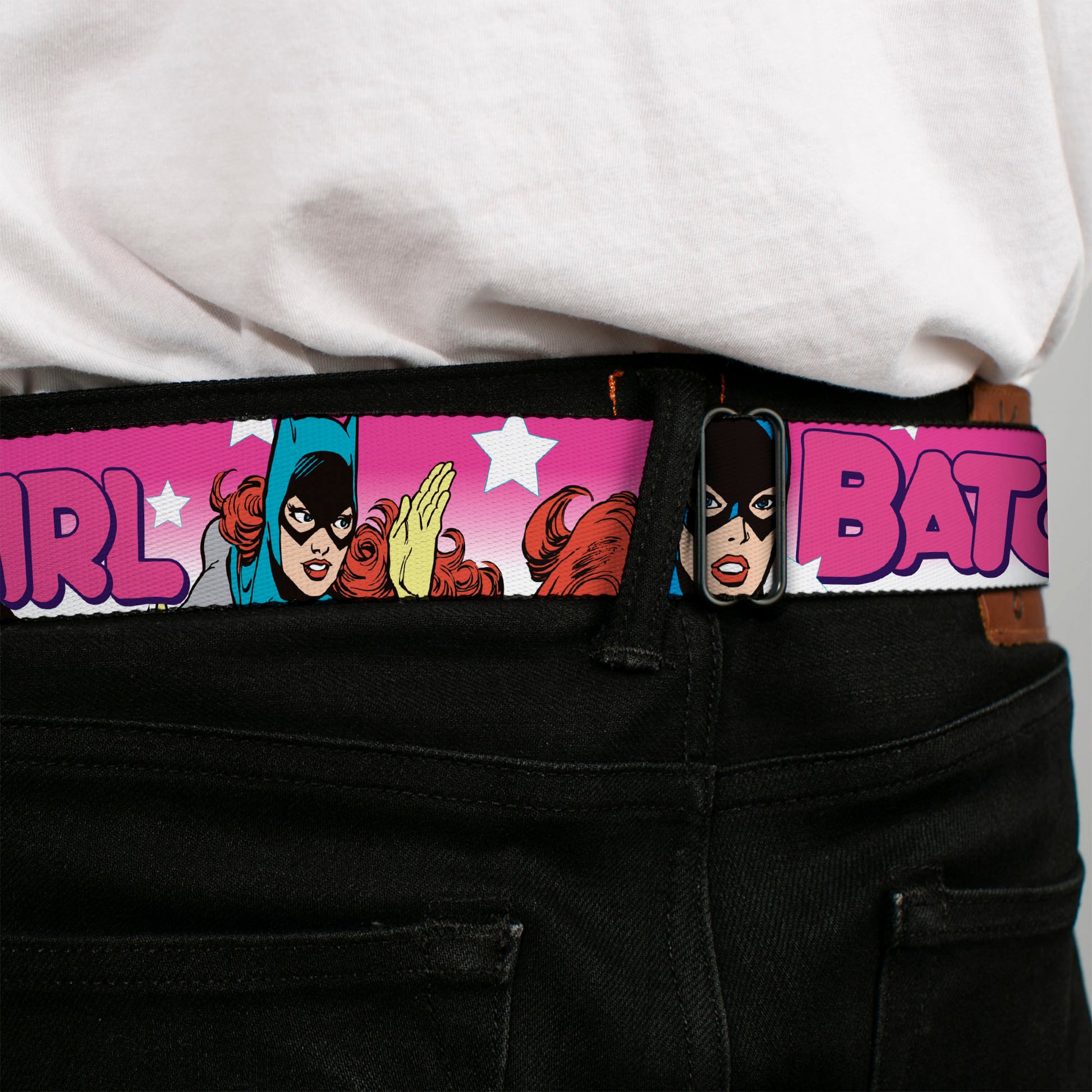 Batman Black/Silver Seatbelt Belt - BATGIRL Bubble Letters w/Stars Pink/White Webbing Seatbelt Belts DC Comics