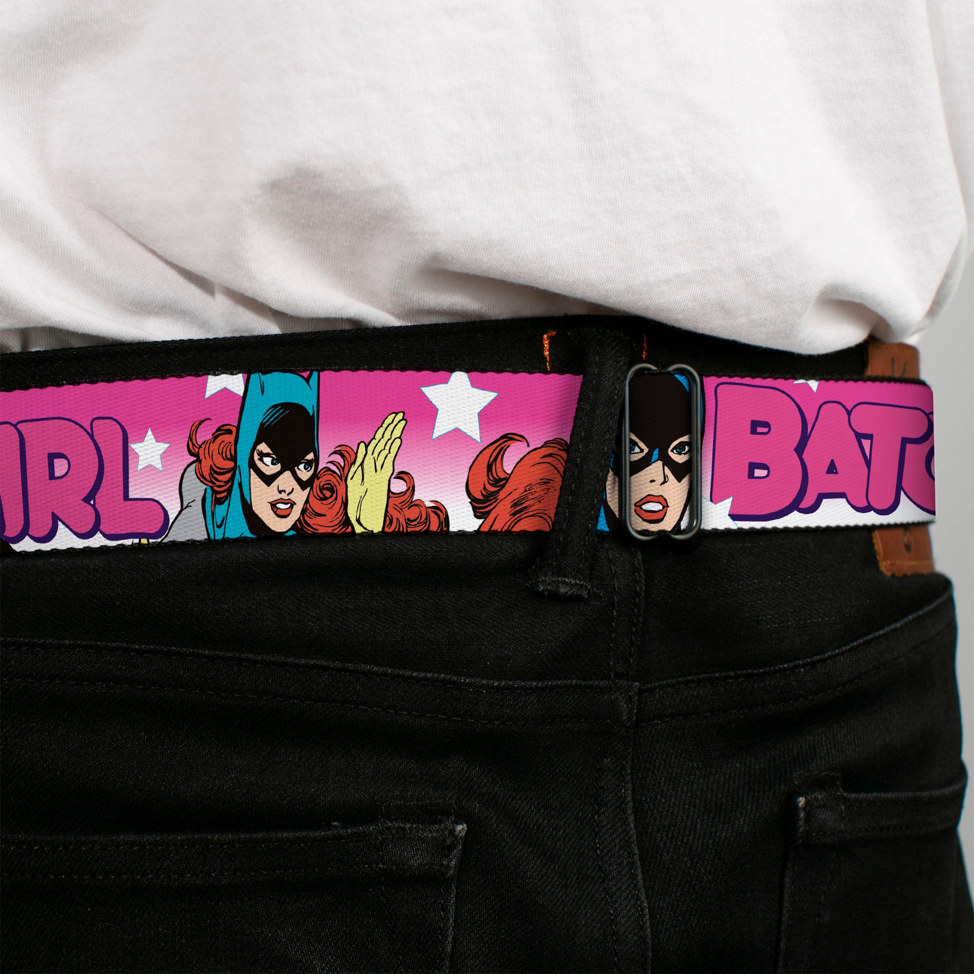 Batman Black/Silver Seatbelt Belt - BATGIRL Bubble Letters w/Stars Pink/White Webbing Seatbelt Belts DC Comics