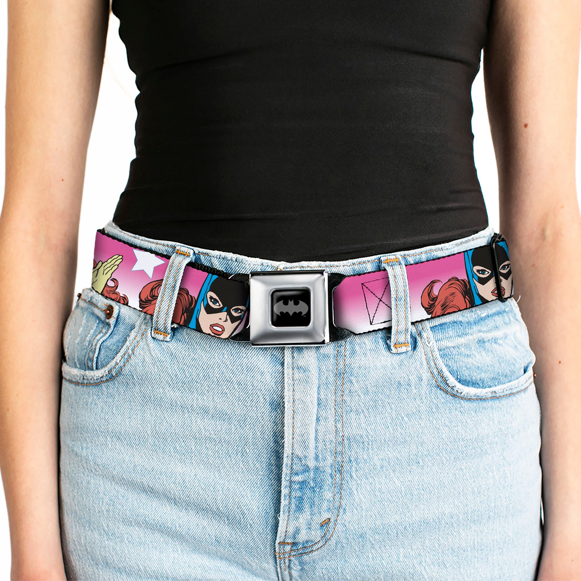 Batman Black/Silver Seatbelt Belt - BATGIRL Bubble Letters w/Stars Pink/White Webbing Seatbelt Belts DC Comics