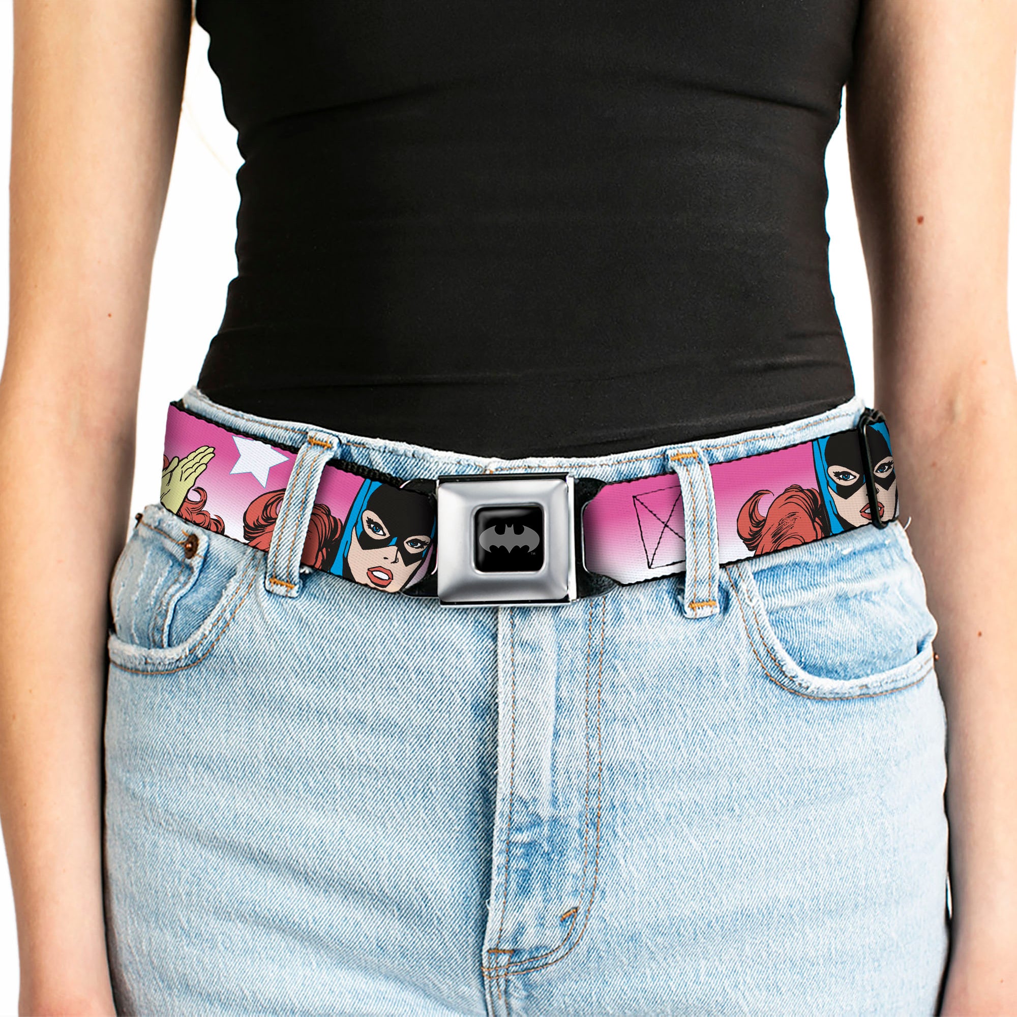 Batman Black/Silver Seatbelt Belt - BATGIRL Bubble Letters w/Stars Pink/White Webbing Seatbelt Belts DC Comics