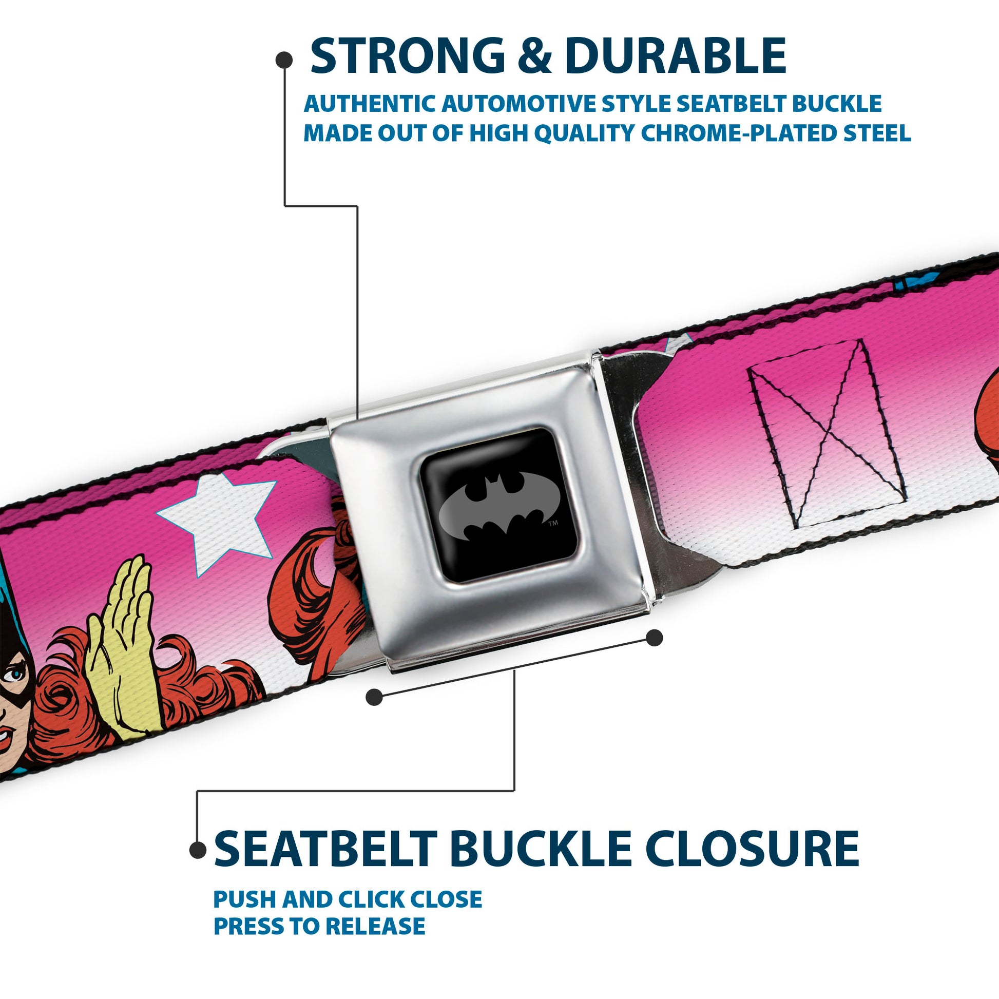Batman Black/Silver Seatbelt Belt - BATGIRL Bubble Letters w/Stars Pink/White Webbing Seatbelt Belts DC Comics