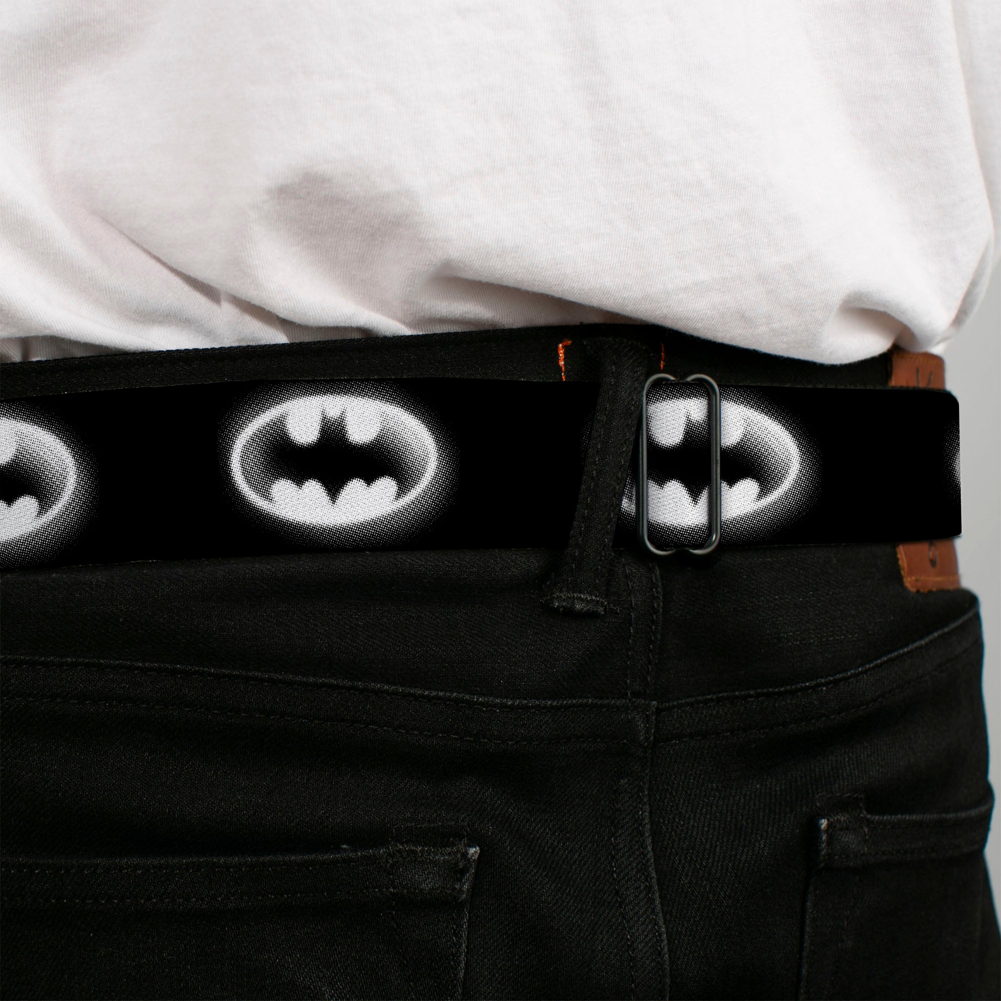 Batman Black Silver Seatbelt Belt - Cloudy Bat Signal Black/White Webbing Seatbelt Belts DC Comics