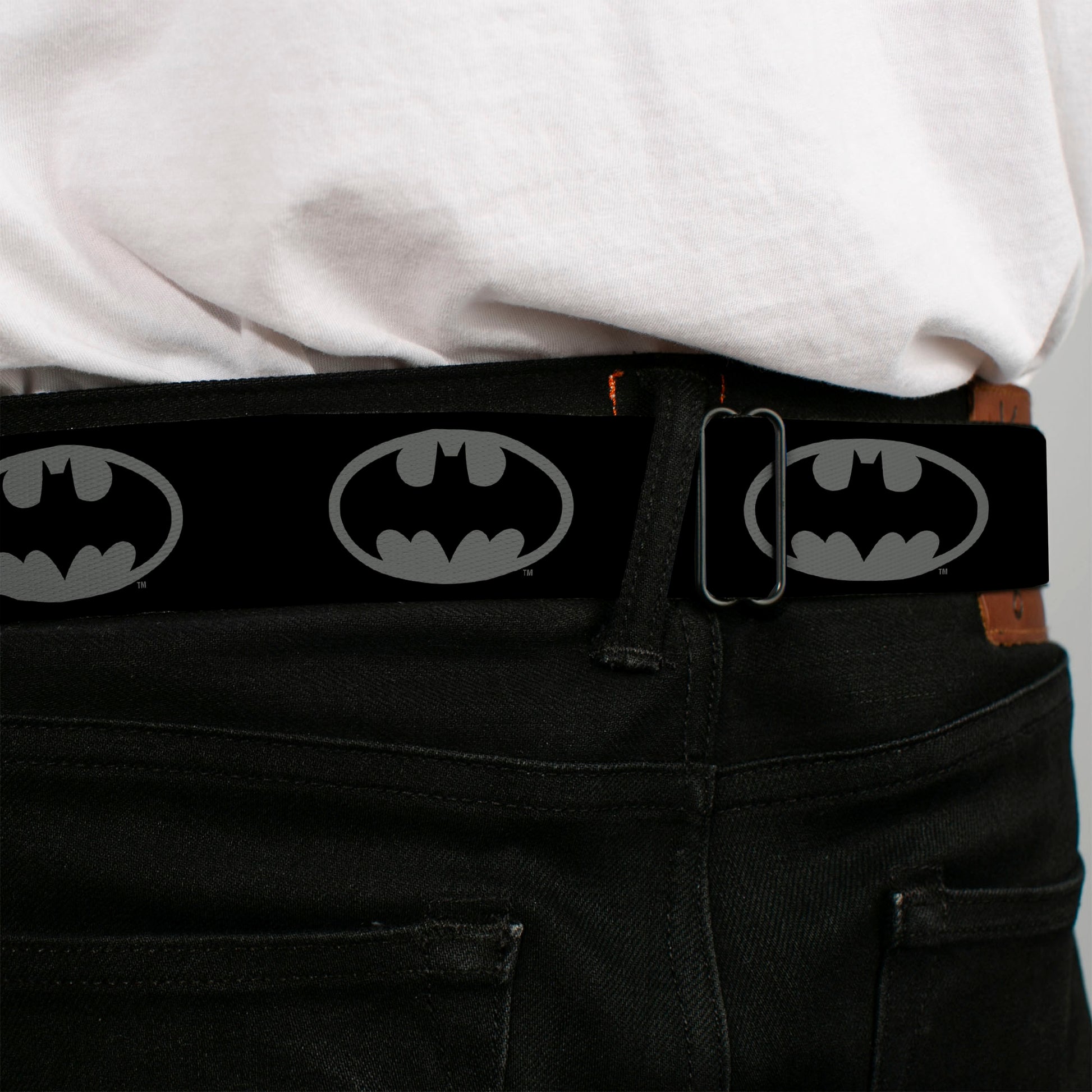 Batman Black Silver Seatbelt Belt - Batman Shield Black/Gray Webbing Seatbelt Belts DC Comics