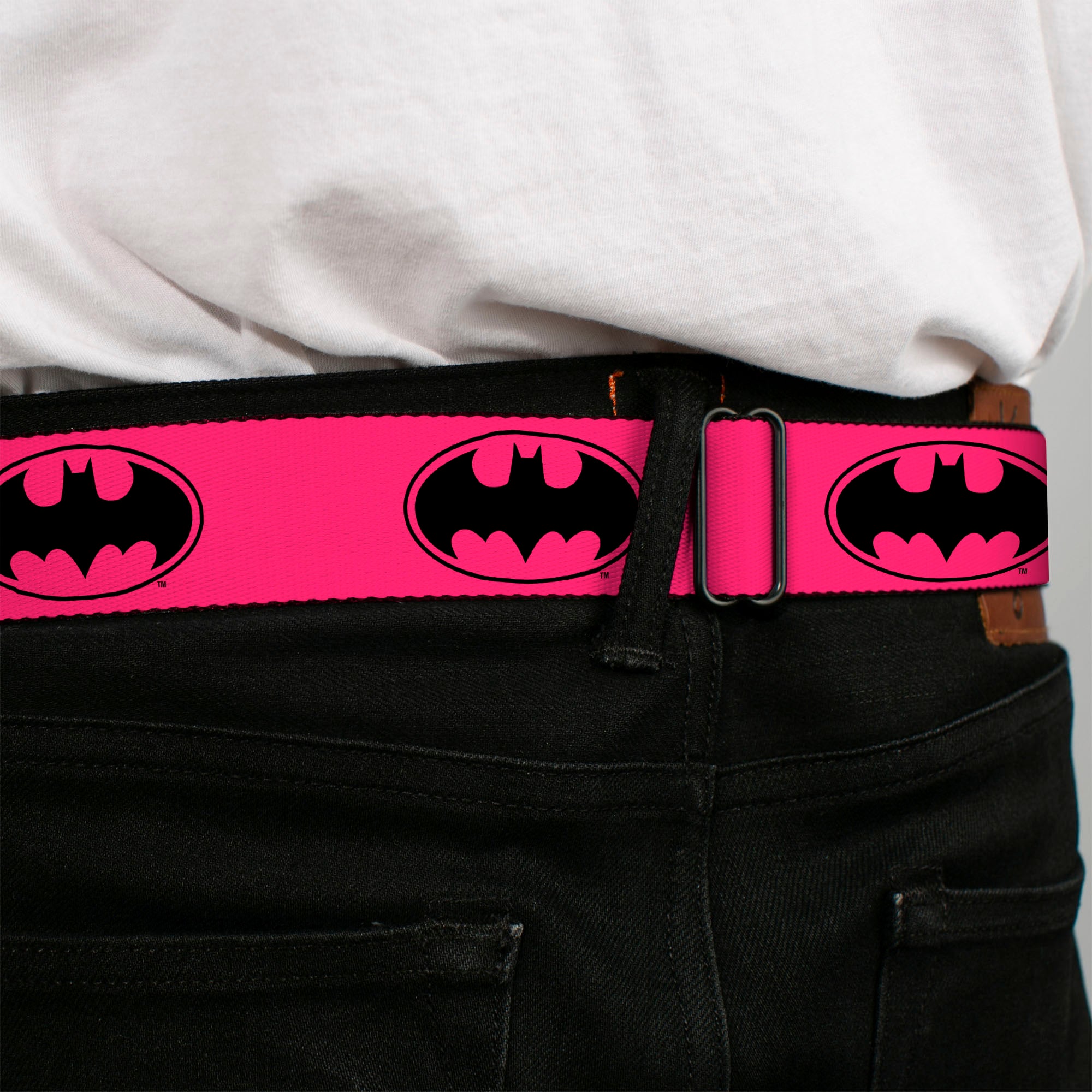 Batman Black Silver Seatbelt Belt - Bat Signal-3 Fuchsia/Black/Fuchsia Webbing Seatbelt Belts DC Comics