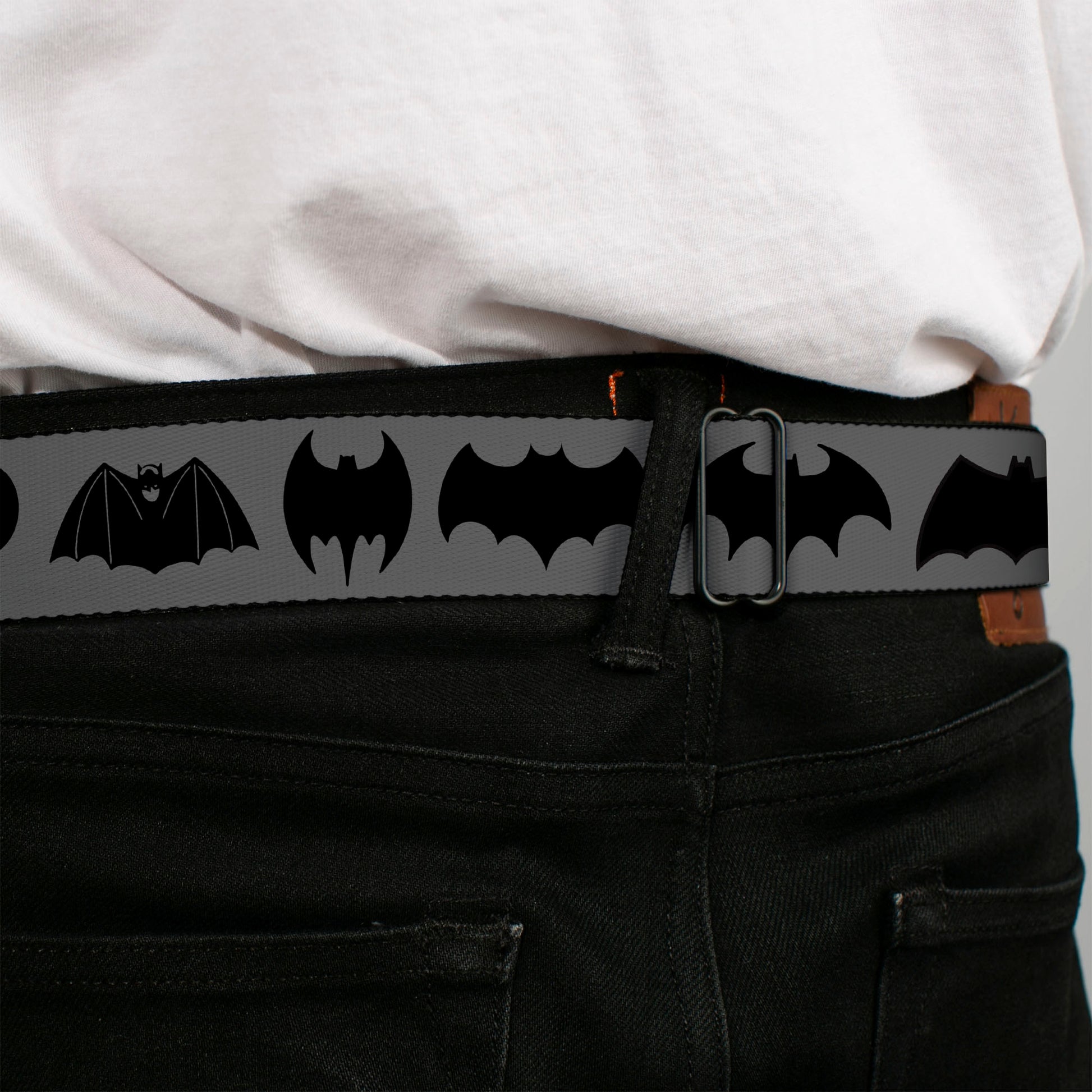 Batman Black Silver Seatbelt Belt - Bat Logo Transitions Gray/Black Webbing Seatbelt Belts DC Comics