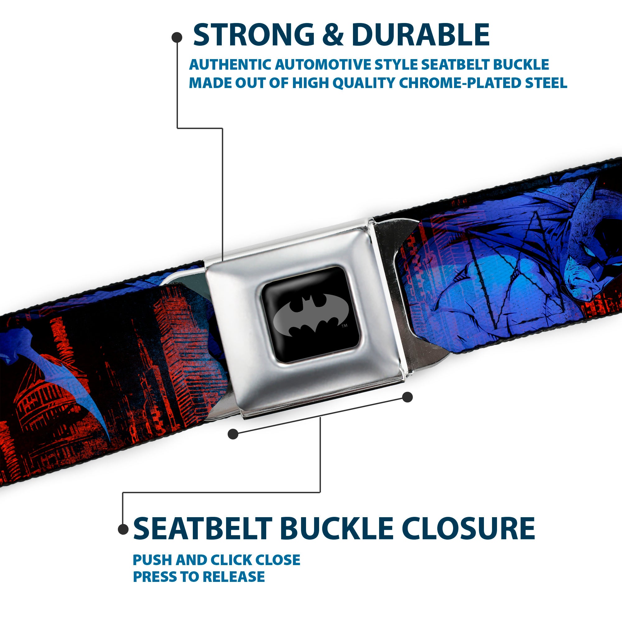 Batman Black Silver Seatbelt Belt - Batman 2-Poses-Buildings Black/Reds/Blues Webbing Seatbelt Belts DC Comics