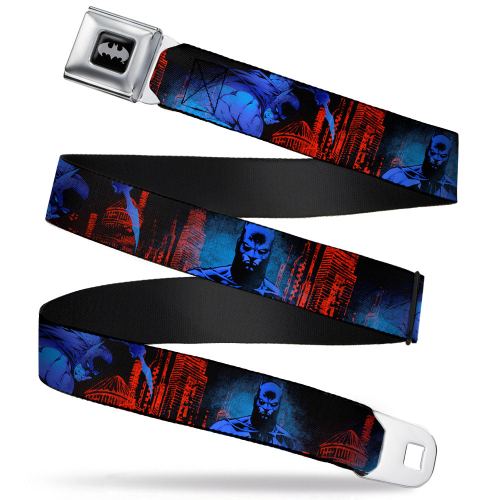 Batman Black Silver Seatbelt Belt - Batman 2-Poses-Buildings Black/Reds/Blues Webbing Seatbelt Belts DC Comics