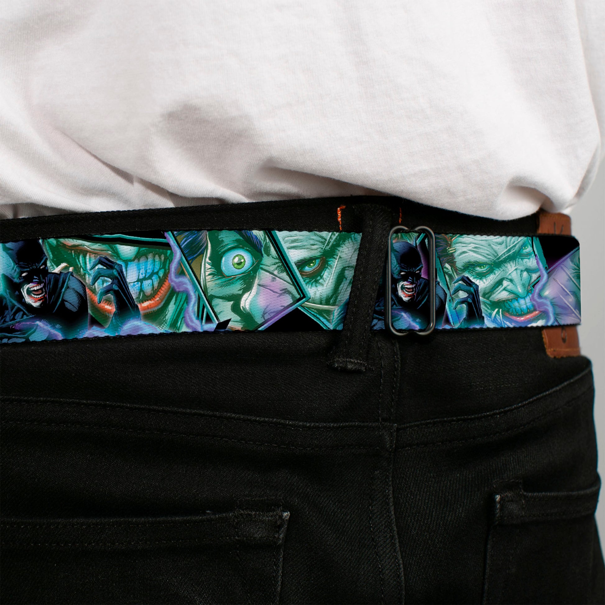 Batman Black Silver Seatbelt Belt - The New 52 Detective Comics Issue #16 Batman Screaming & Joker Expressions Cover Pose Webbing Seatbelt Belts DC Comics