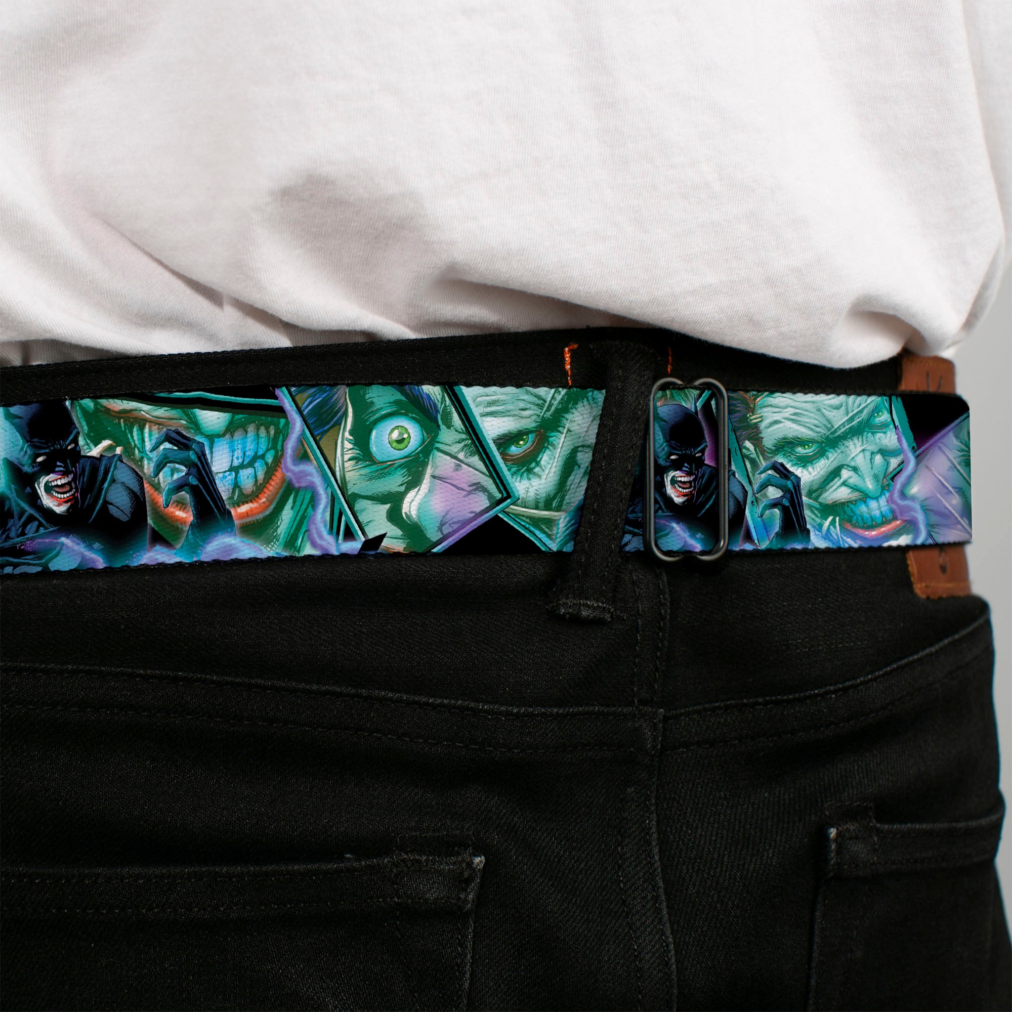 Batman Black Silver Seatbelt Belt - The New 52 Detective Comics Issue #16 Batman Screaming & Joker Expressions Cover Pose Webbing Seatbelt Belts DC Comics