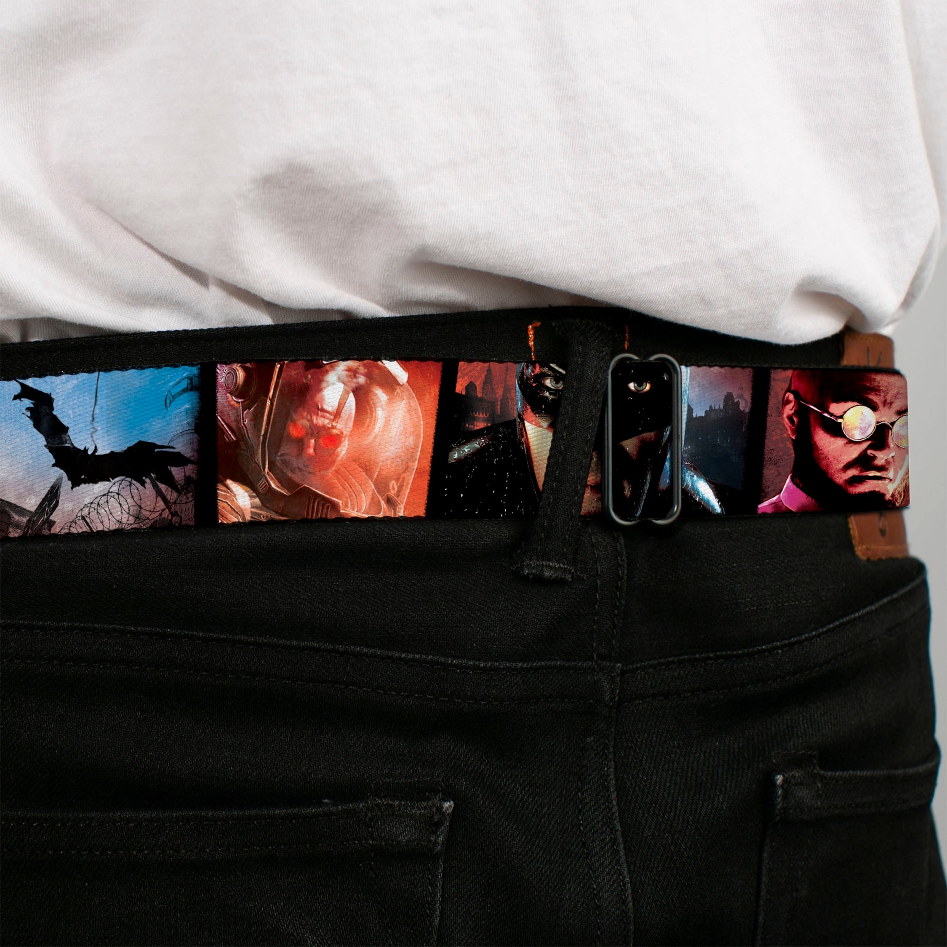 Arkham City Snowflake Full Color Black Red Seatbelt Belt - Batman Arkham City 3-Character/2-Scene Panels Webbing Seatbelt Belts DC Comics