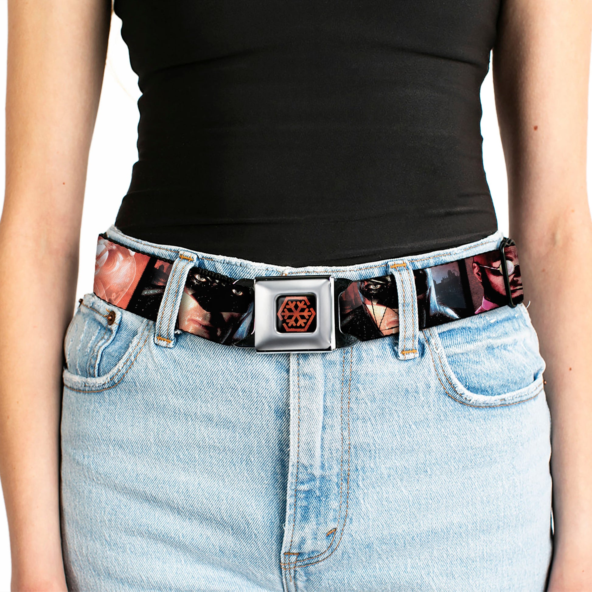 Arkham City Snowflake Full Color Black Red Seatbelt Belt - Batman Arkham City 3-Character/2-Scene Panels Webbing Seatbelt Belts DC Comics