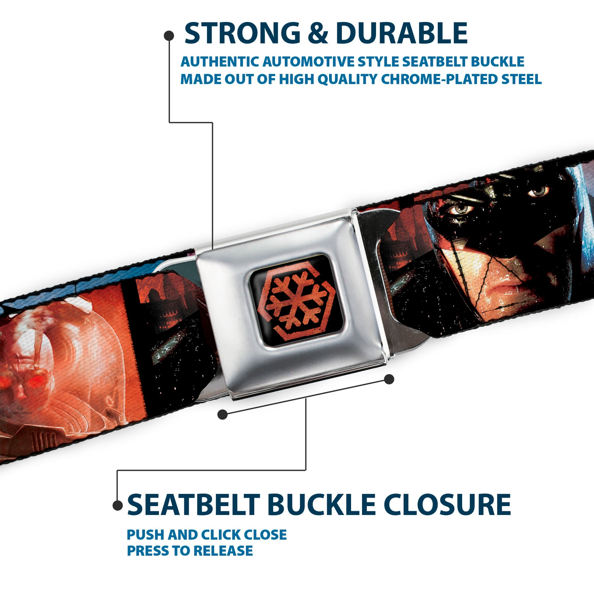 Arkham City Snowflake Full Color Black Red Seatbelt Belt - Batman Arkham City 3-Character/2-Scene Panels Webbing Seatbelt Belts DC Comics