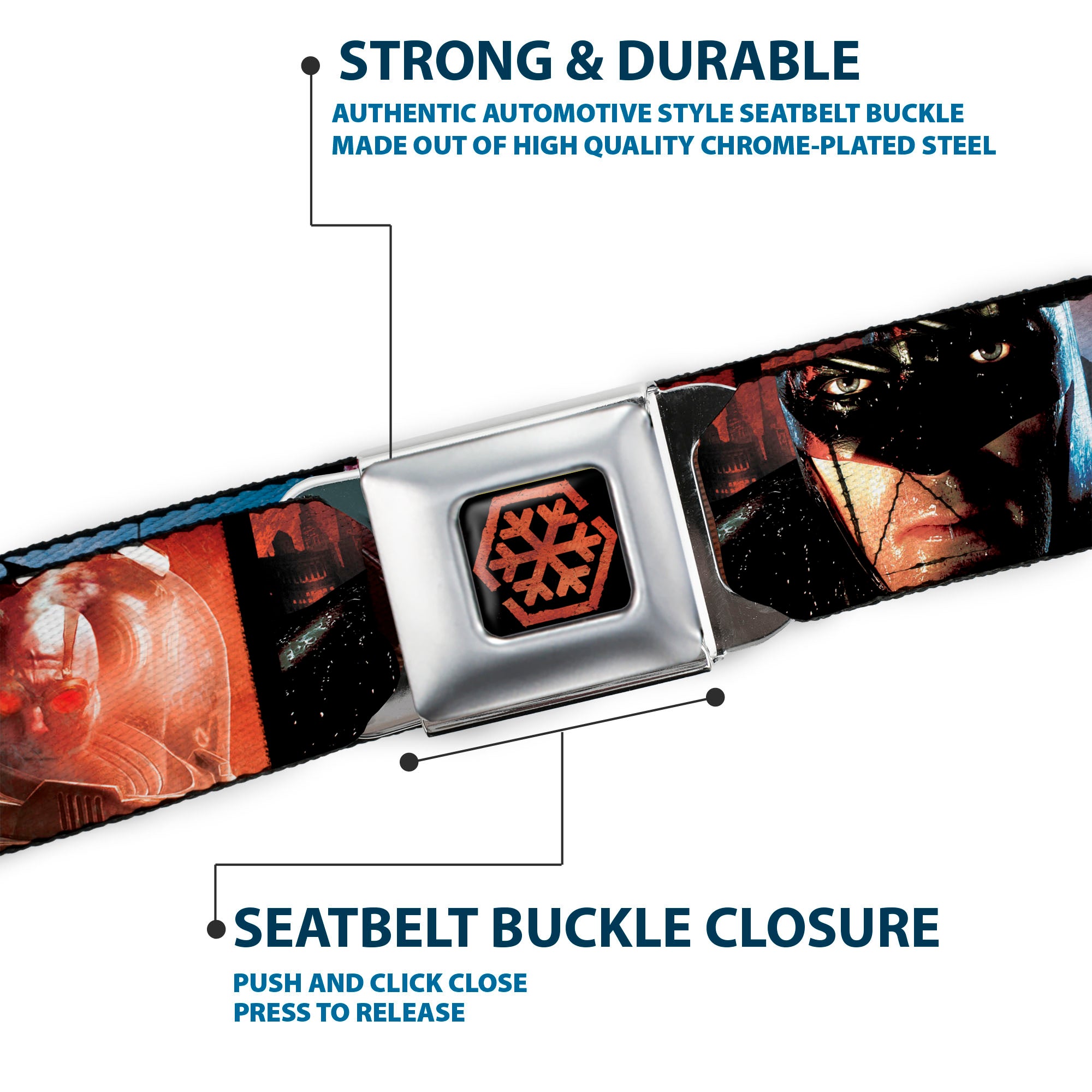 Arkham City Snowflake Full Color Black Red Seatbelt Belt - Batman Arkham City 3-Character/2-Scene Panels Webbing Seatbelt Belts DC Comics
