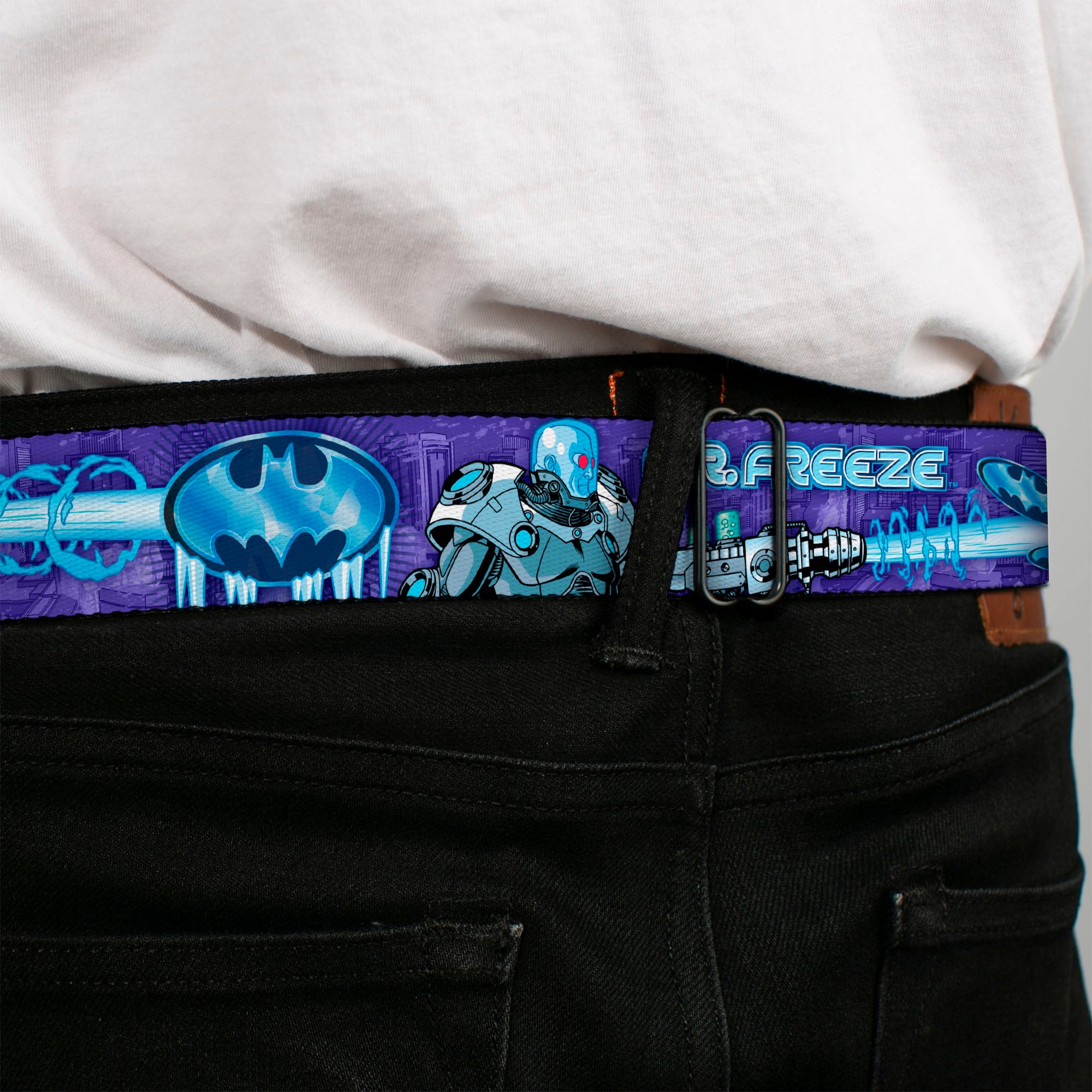 Frozen Batman Shield Full Color Black Blues Seatbelt Belt - MR. FREEZE Poses/Frozen Batman Shield Purples/Blues Webbing Seatbelt Belts DC Comics