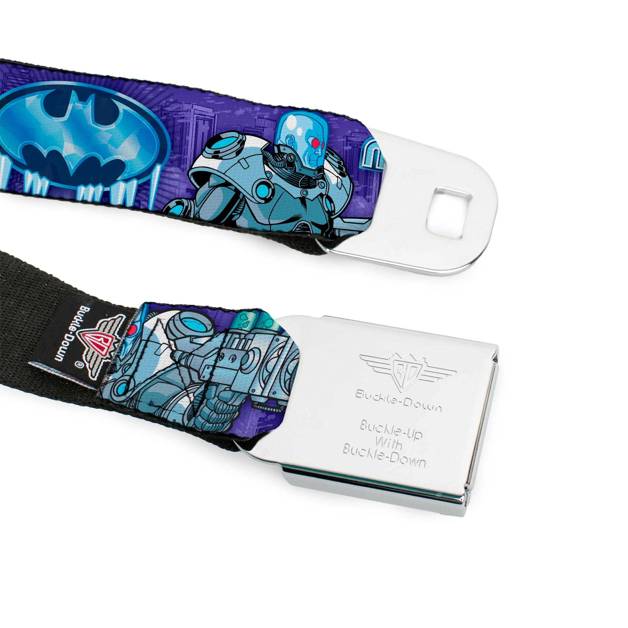 Frozen Batman Shield Full Color Black Blues Seatbelt Belt - MR. FREEZE Poses/Frozen Batman Shield Purples/Blues Webbing Seatbelt Belts DC Comics