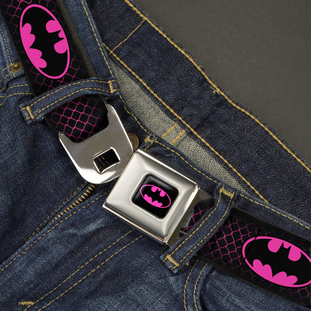 Batman Full Color Black Hot Pink Seatbelt Belt - Batman Shield/Chainlink Black/Hot Pink Webbing Seatbelt Belts DC Comics