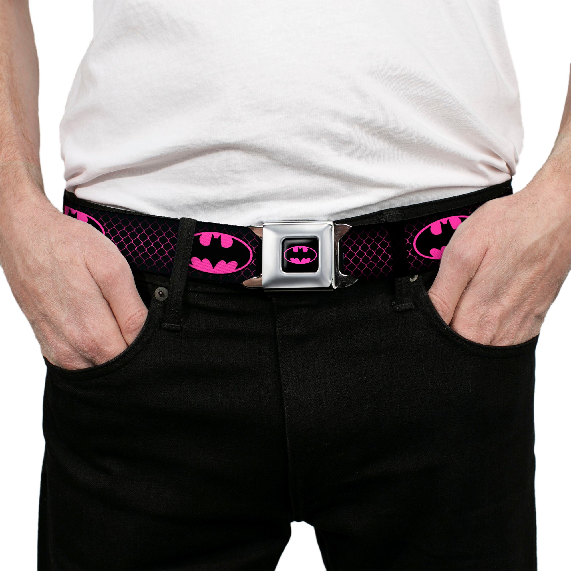 Batman Full Color Black Hot Pink Seatbelt Belt - Batman Shield/Chainlink Black/Hot Pink Webbing Seatbelt Belts DC Comics