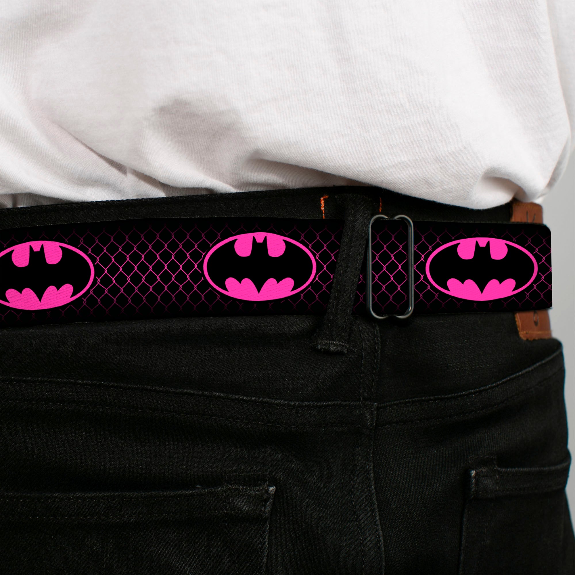 Batman Full Color Black Hot Pink Seatbelt Belt - Batman Shield/Chainlink Black/Hot Pink Webbing Seatbelt Belts DC Comics