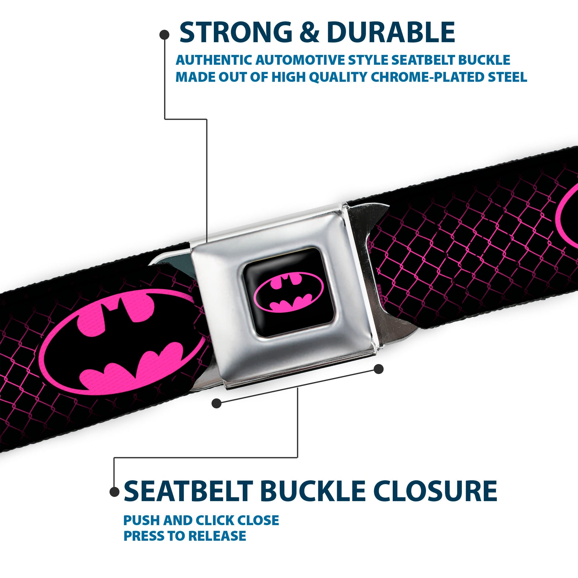 Batman Full Color Black Hot Pink Seatbelt Belt - Batman Shield/Chainlink Black/Hot Pink Webbing Seatbelt Belts DC Comics