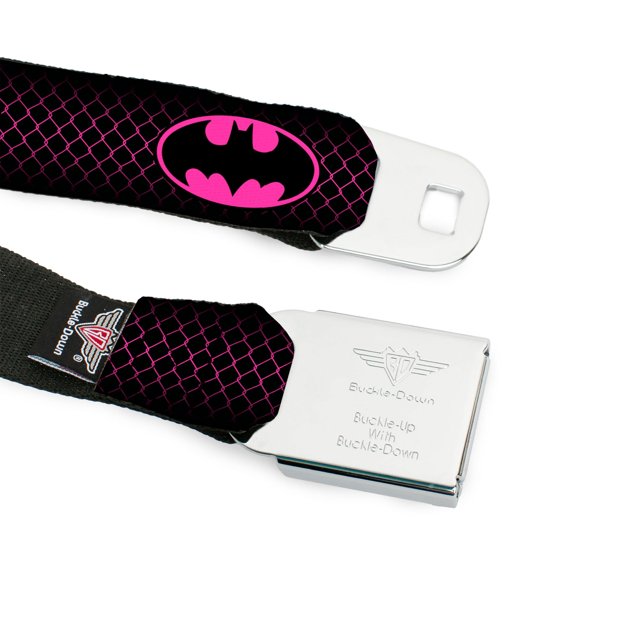 Batman Full Color Black Hot Pink Seatbelt Belt - Batman Shield/Chainlink Black/Hot Pink Webbing Seatbelt Belts DC Comics