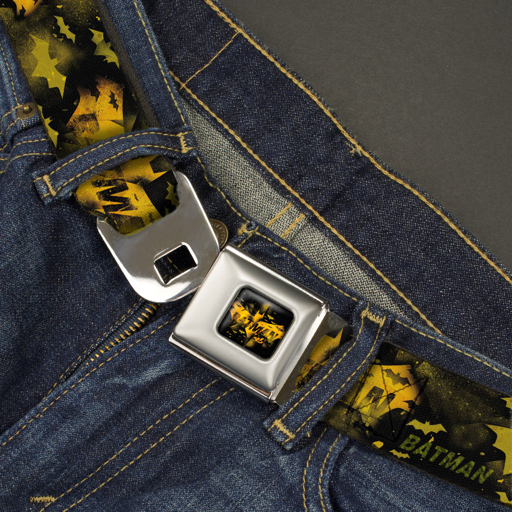 BATMAN-JL Bats Scattered Full Color Black Yellows Seatbelt Belt - JUSTICE LEAGUE-BATMAN Bats Scattered Black/Yellows Webbing Seatbelt Belts DC Comics
