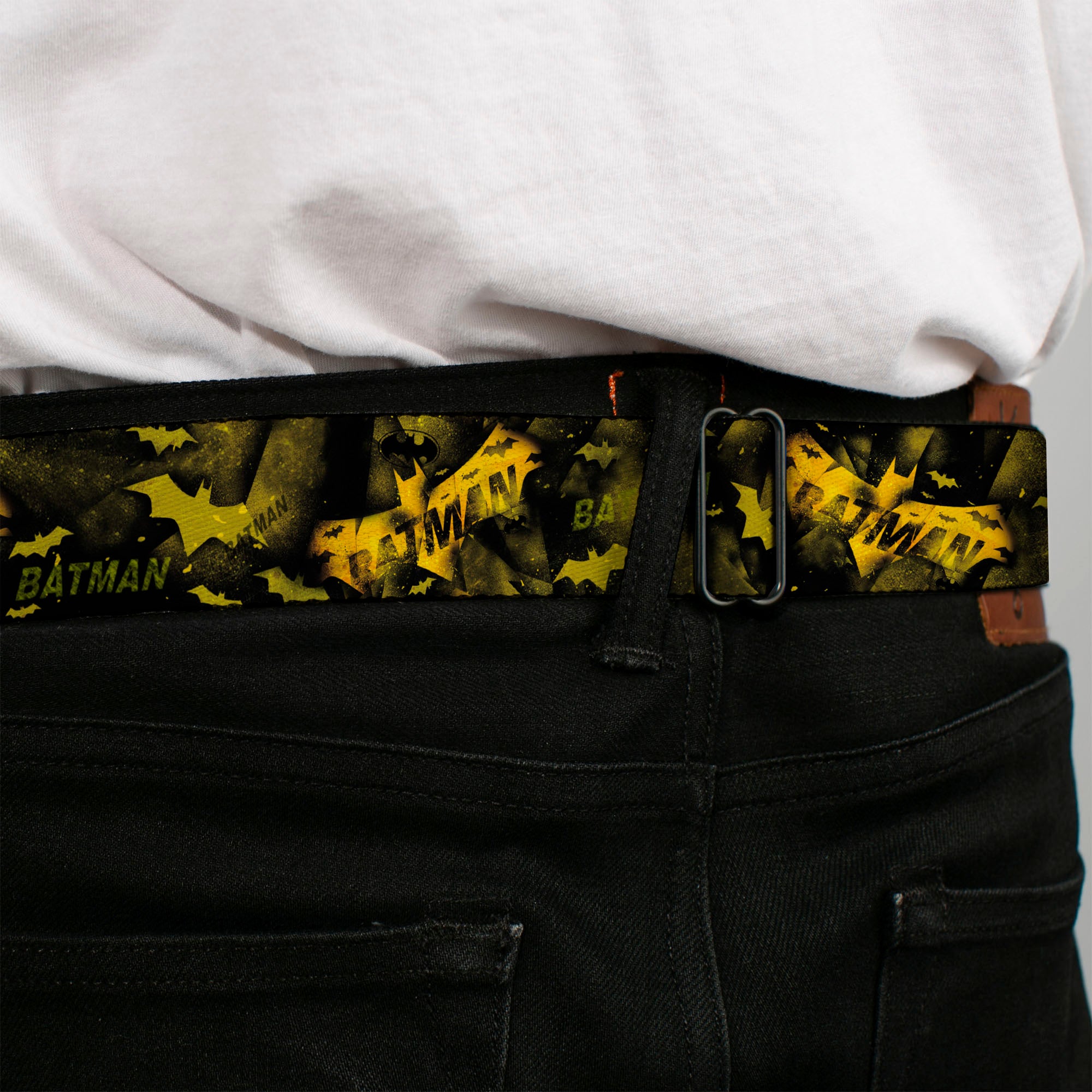 BATMAN-JL Bats Scattered Full Color Black Yellows Seatbelt Belt - JUSTICE LEAGUE-BATMAN Bats Scattered Black/Yellows Webbing Seatbelt Belts DC Comics