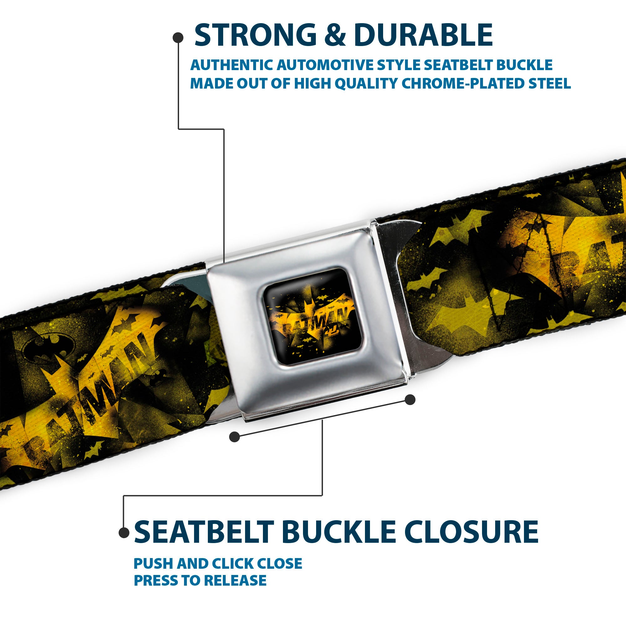 BATMAN-JL Bats Scattered Full Color Black Yellows Seatbelt Belt - JUSTICE LEAGUE-BATMAN Bats Scattered Black/Yellows Webbing Seatbelt Belts DC Comics